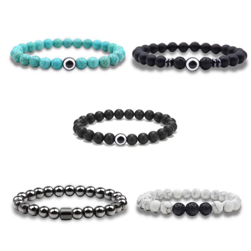 Natural Lava Rock Beads Stretch Bracelet Set - Adjustable Braided Rope Gemstone Elastic Bracelets for Men & Women (5-Piece Set) - Perfect for Yoga, Meditation & Spiritual Healing