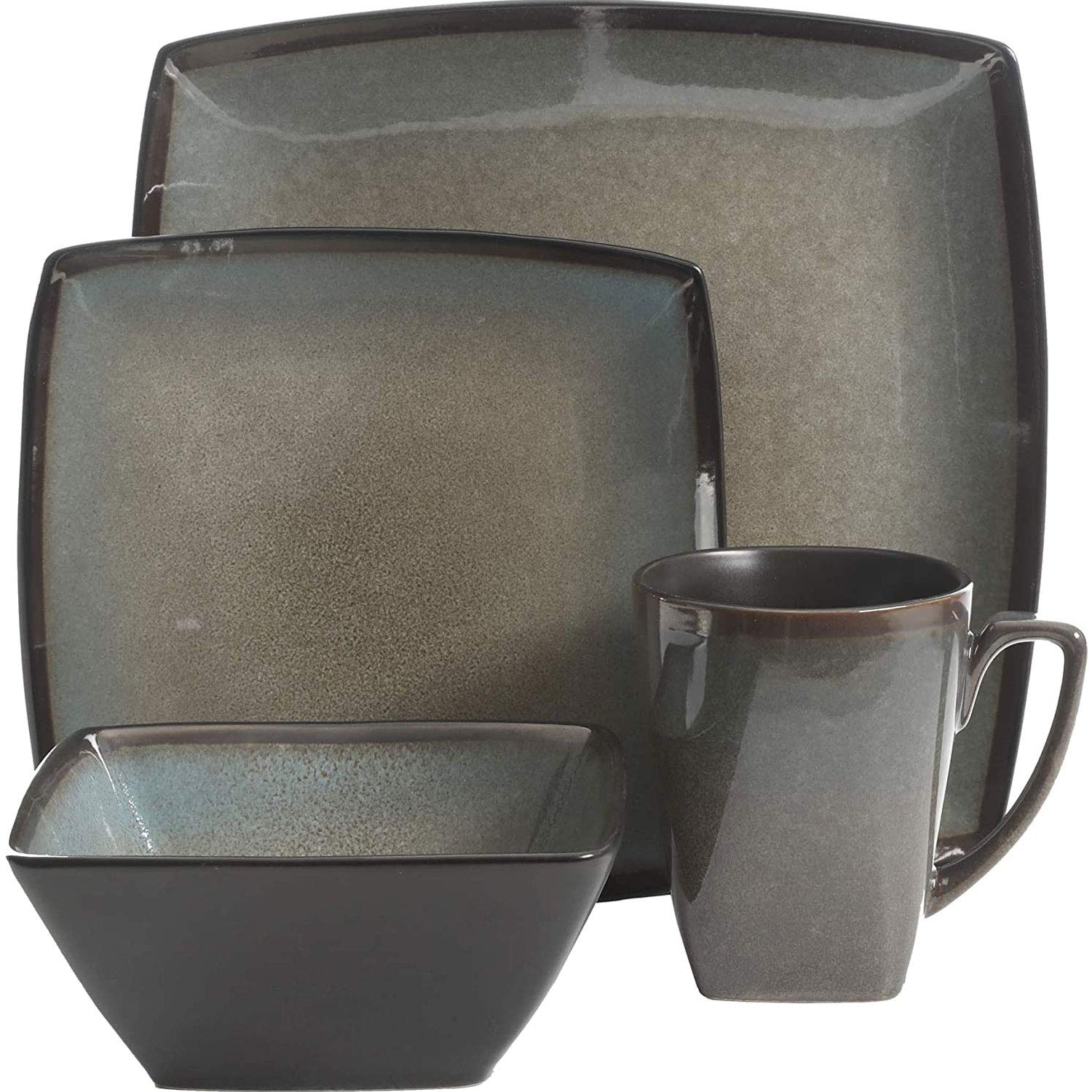 Gibson Elite Tequesta 16-Piece Square Dinnerware Set - Microwave & Dishwasher Safe Plates, Bowls & Mugs - Durable Glazed Stoneware in Taupe (3-Pack) - Perfect for Family Dinners, Entertaining & Everyday Use