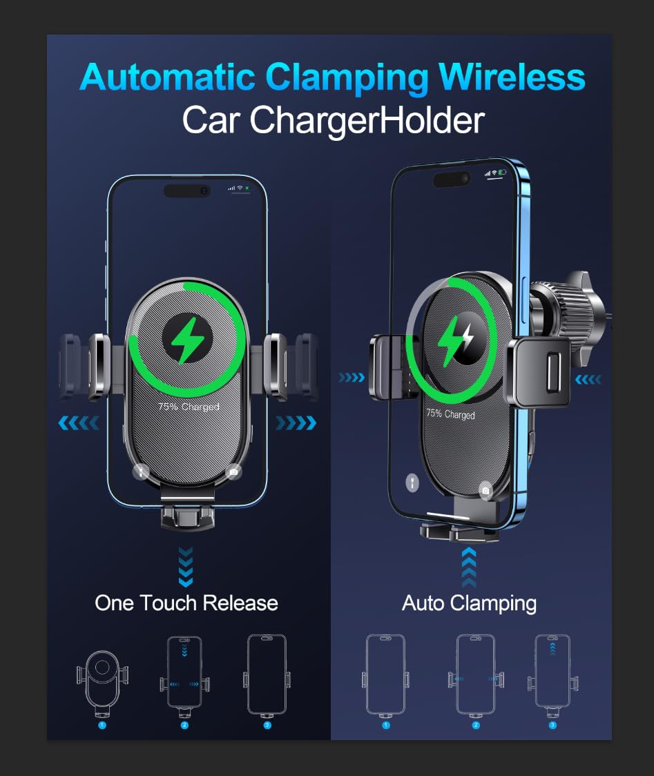 15W Fast Wireless Car Charger & Phone Holder - Auto Clamping Air Vent Mount for iPhone 15/14/13/12/11/X, Samsung Galaxy S23/S22/S21 - Perfect for Commuting & Road Trips