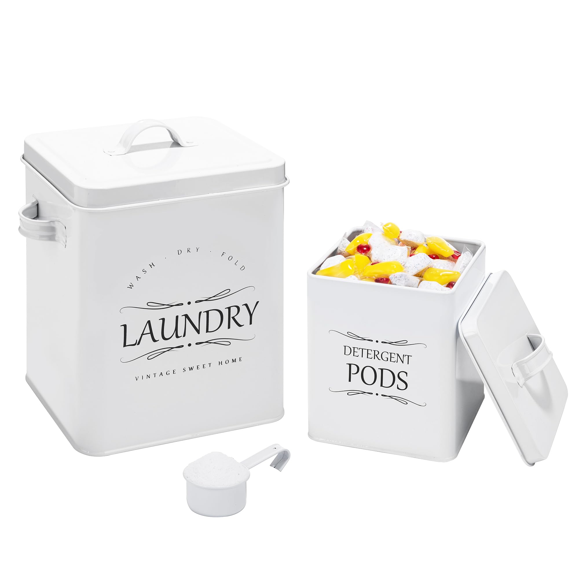 Meraki Home 2-Pack Laundry Detergent Container Set with Scoop - Storage Organizer for Detergent Sheets & Pods - Glossy White Laundry Room Organization - Perfect for Small Spaces & Apartment Living