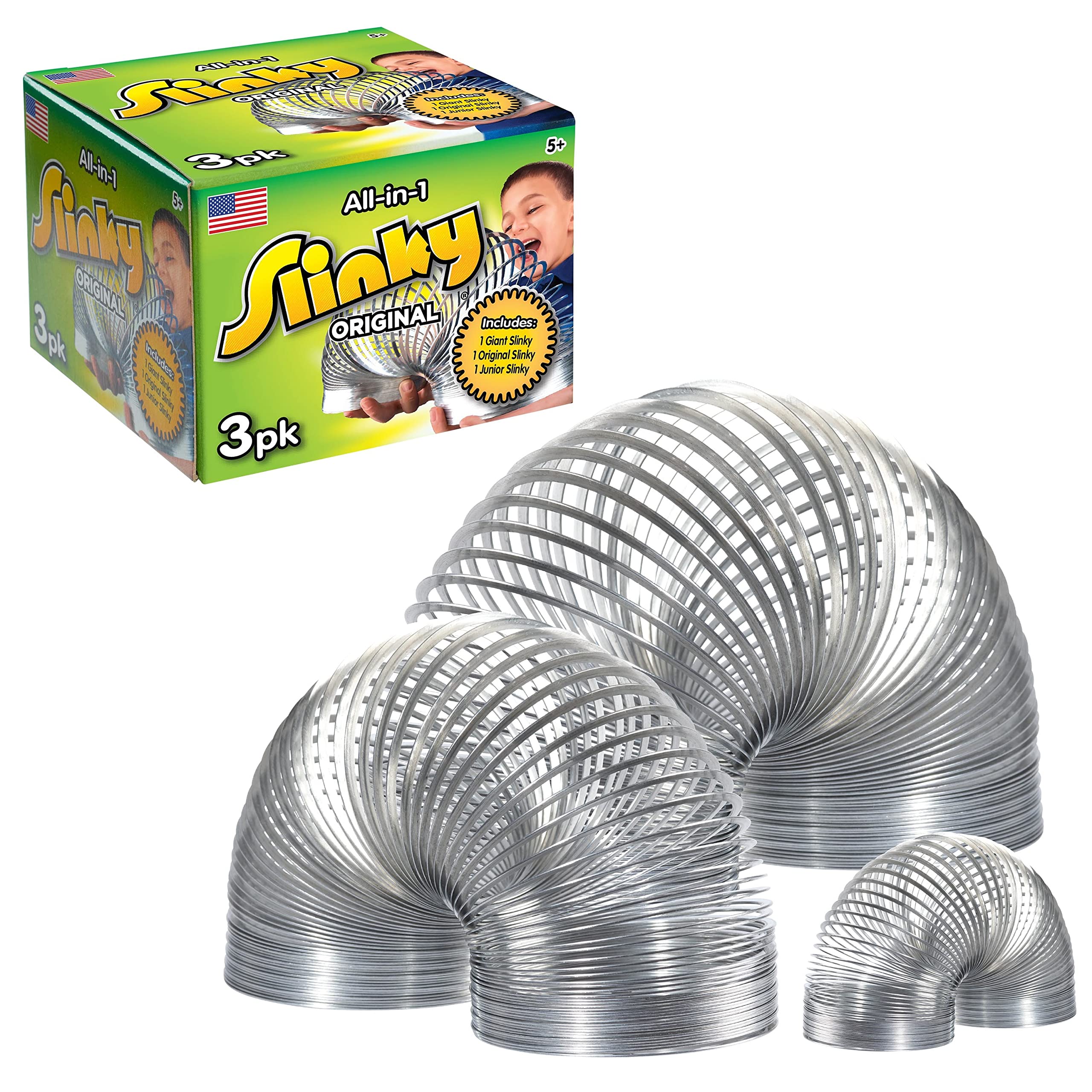 Original Slinky® Brand Fidget Toy Pack - 1 Giant, 1 Classic & 1 Junior Metal Spring Toys for Kids Ages 5+ | Stress Relief, STEM Learning & Fun Walking Spring Toys | Great for Classrooms, Playtime & Sensory Play (Amazon Exclusive by Just Play)