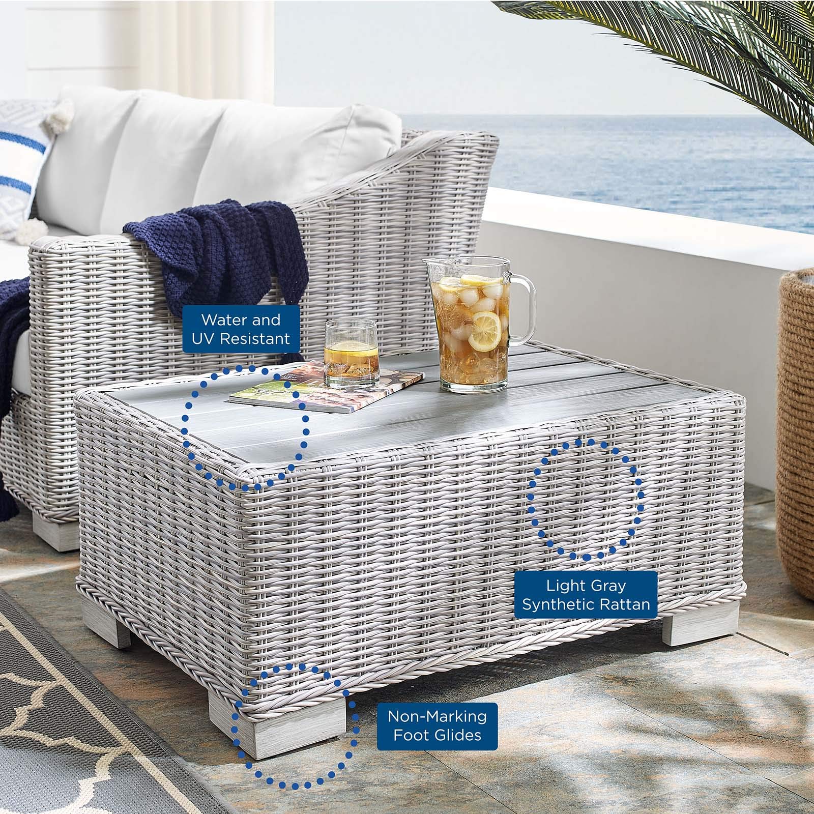 Modern Grey Rattan Wicker Rectangular Coffee Table for Outdoor Patio, Balcony & Bistro - Perfect for Lounging, Entertaining & Relaxing in Your Garden or Backyard