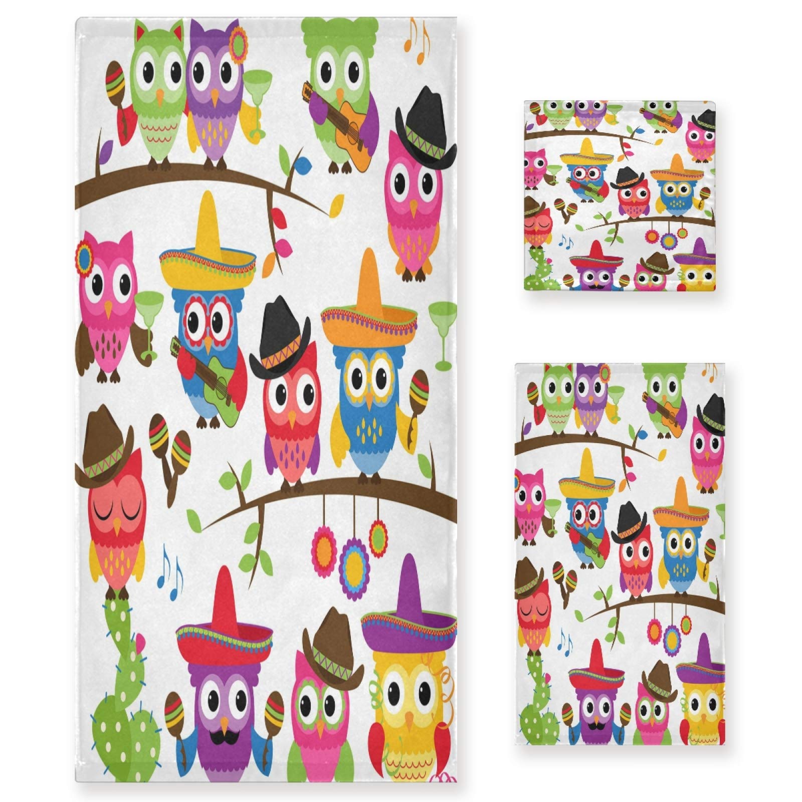 Soft & Absorbent Cinco De Mayo Owls Bath Towels Set of 3 - Cute Owl Design for Home, Hotel & Spa Bathroom Decor | Perfect for Showers, Beach Trips & Gift Giving