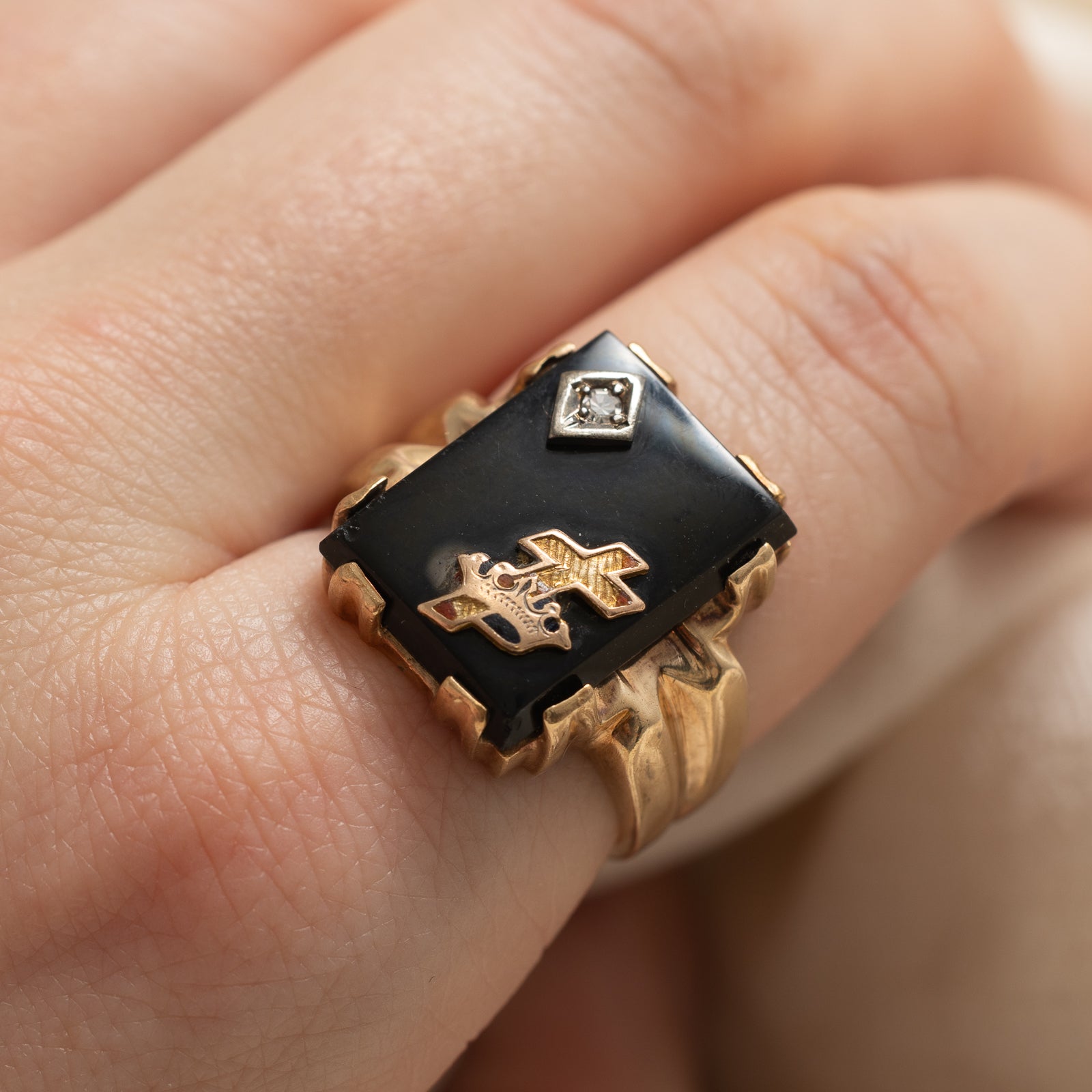 Onyx and Diamond Signet Ring for Men - 7.50ct Black Onyx with 0.03ct Diamond Accent - Size 7.5 - Luxury Statement Jewelry for Weddings, Gifts, and Formal Occasions
