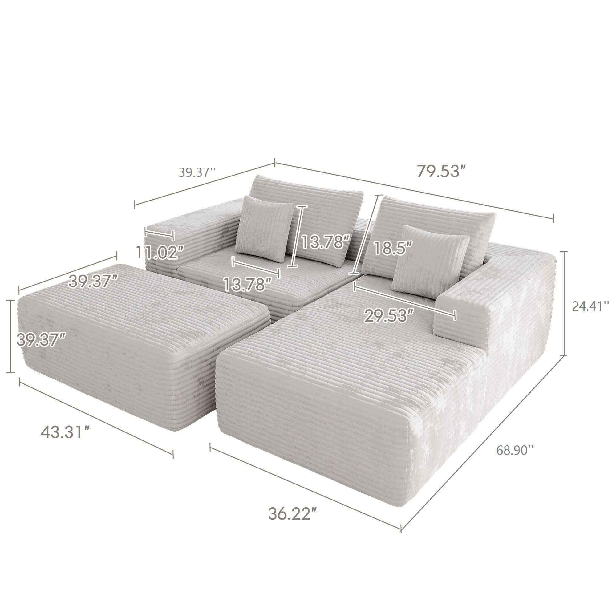 L-Shaped Beige Corduroy Sofa with Ottoman - Modern Comfortable Sectional Couch for Living Room, Lounge & Small Spaces