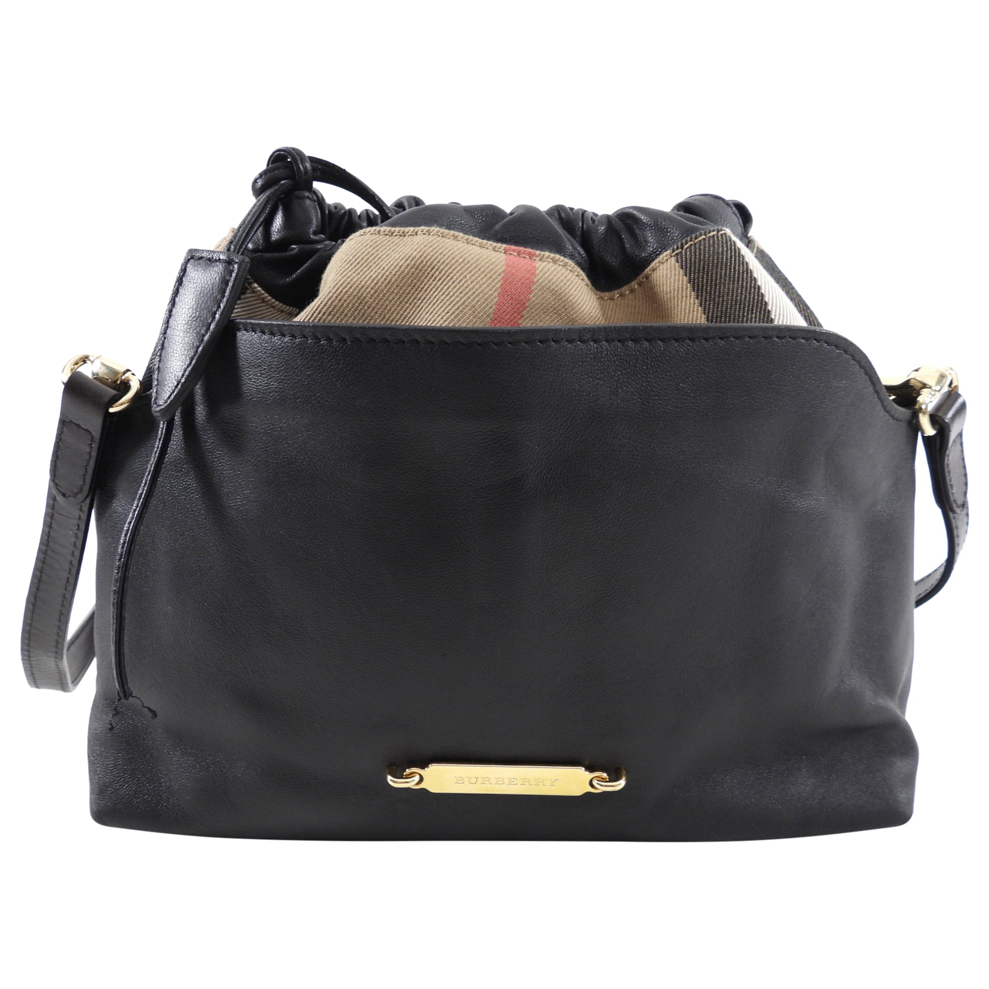 Burberry Black Leather and Check Little Crush Drawstring Bag - Luxury Crossbody Purse for Women, Fashionable Everyday Handbag for Work, Travel & Date Night