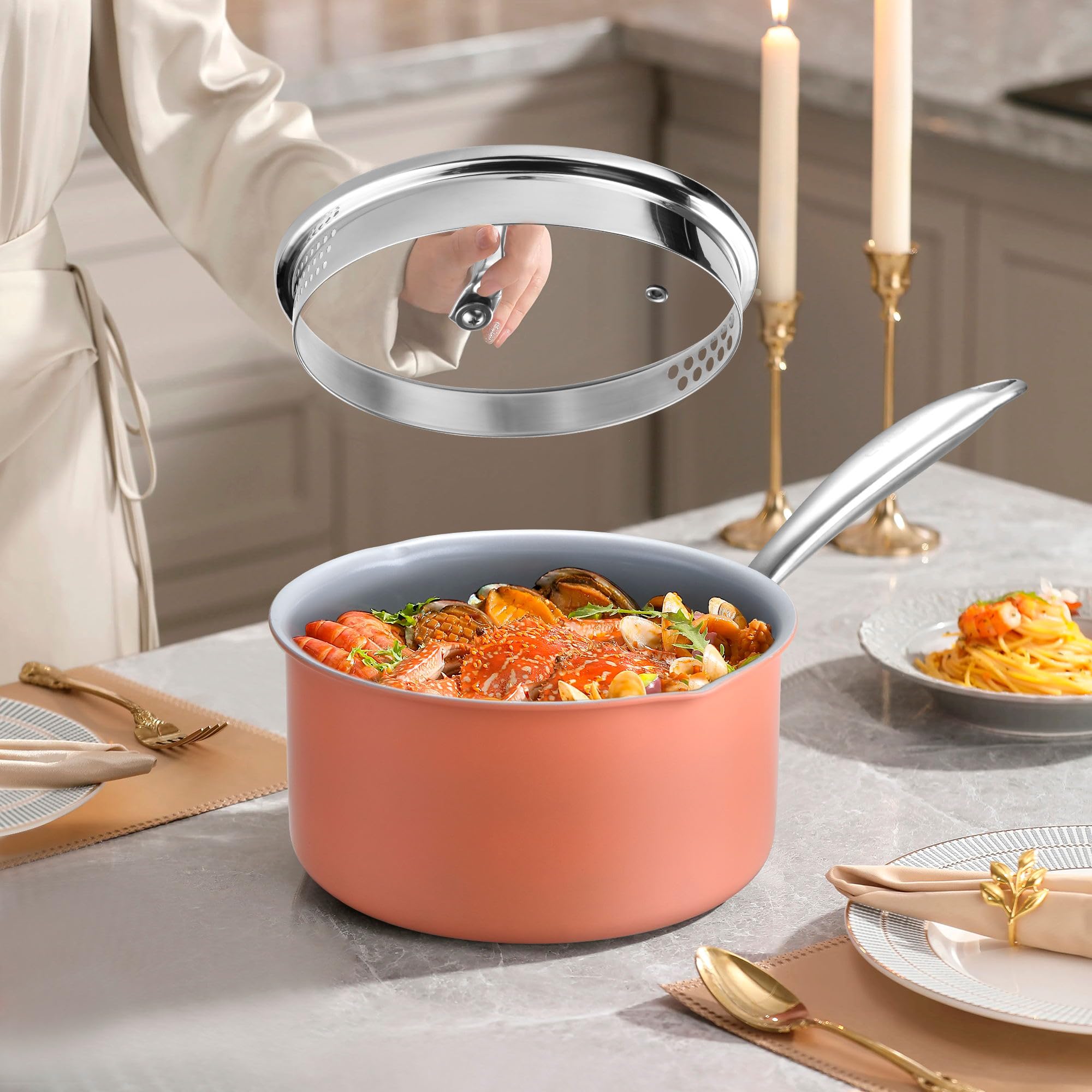 2 qt Nonstick Sauce Pan with Lid - Ceramic Coating Small Cooking Pot, PTFE & PFOA Free, Oven & Stovetop Safe (Gas, Electric, Induction) - Perfect for Sauces, Soups, and Everyday Cooking - Perracotta