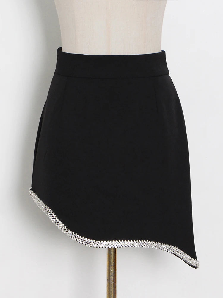 Women's Black Patchwork Diamond Skirt - High Waist Irregular Hem Elegant Summer Fashion Skirt | Perfect for Casual Outings, Date Nights & Office Wear