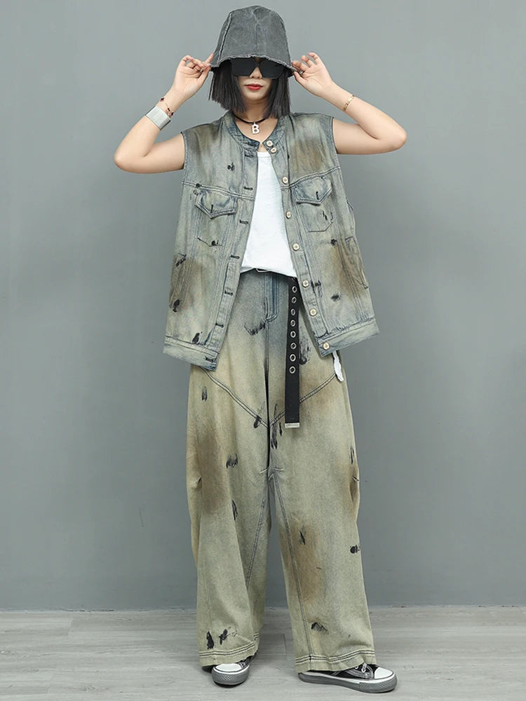 Women's Big Size Denim Vest & Wide Leg Pants Two Piece Suit - Round Neck Sleeveless Fashion Outfit for Spring & Autumn 2025 | Casual Streetwear, Office Chic & Weekend Outings | Style Code 1DJ0966