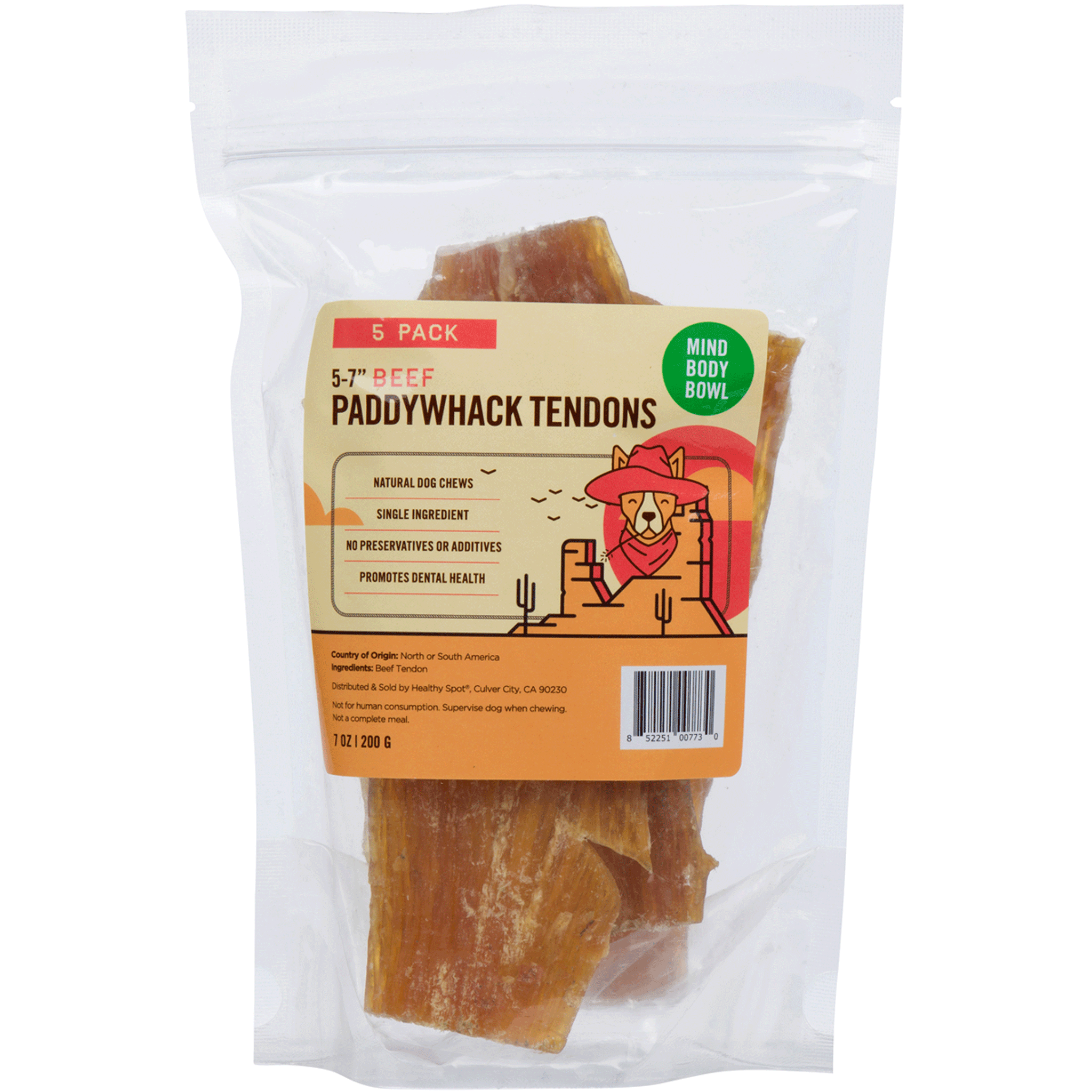 Mind Body Bowl Beef Paddywhack Tendon Dog Chews - 5 Count | Natural Dog Treats for Chewing & Dental Health | Perfect for Aggressive Chewers & Training Rewards