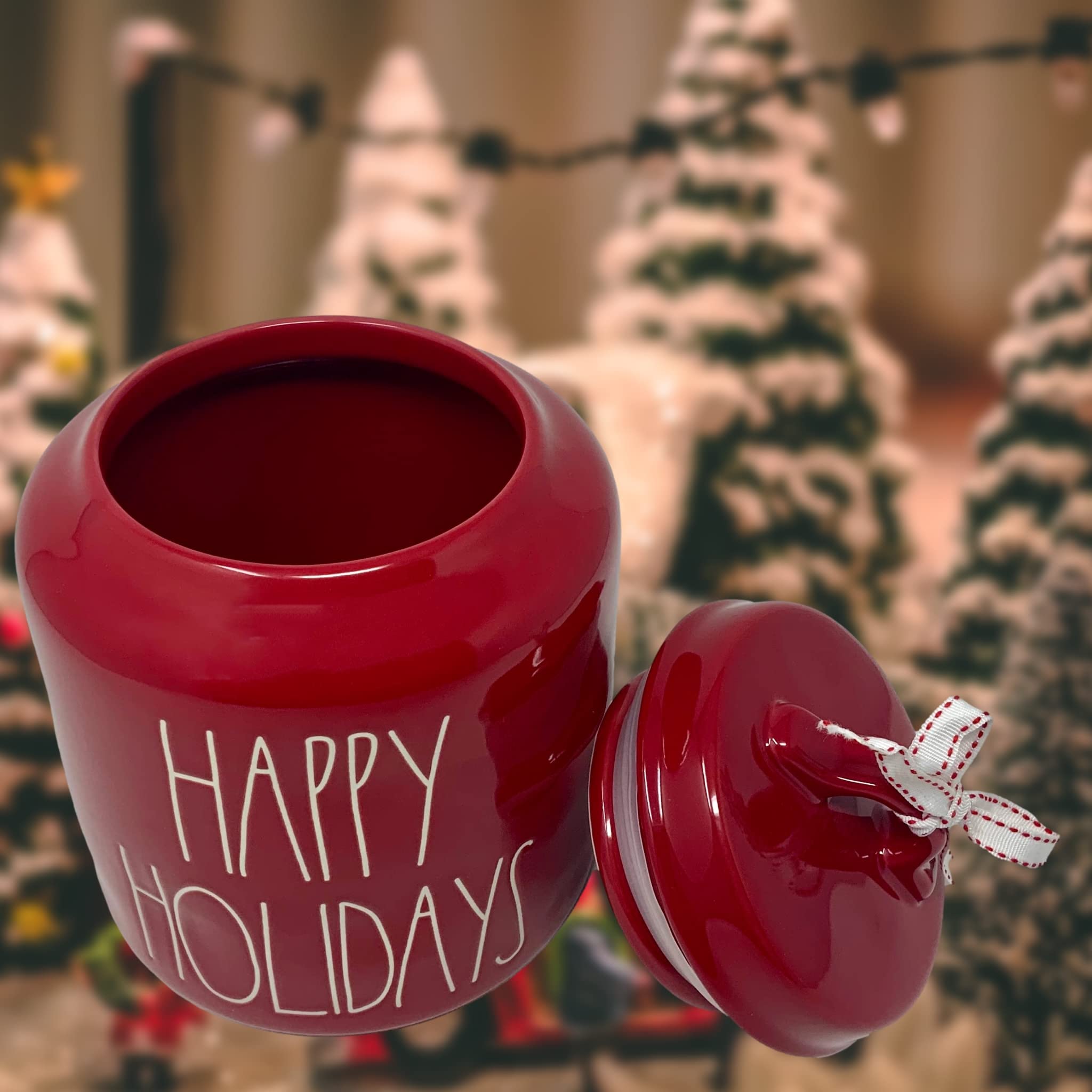 RAE DUNN Happy Holiday Red Christmas Canister - Artisan Collection by Magenta - Ceramic Storage Container for Treats, Candy, Flour & Snacks - Perfect for Holiday Decor & Kitchen Organization
