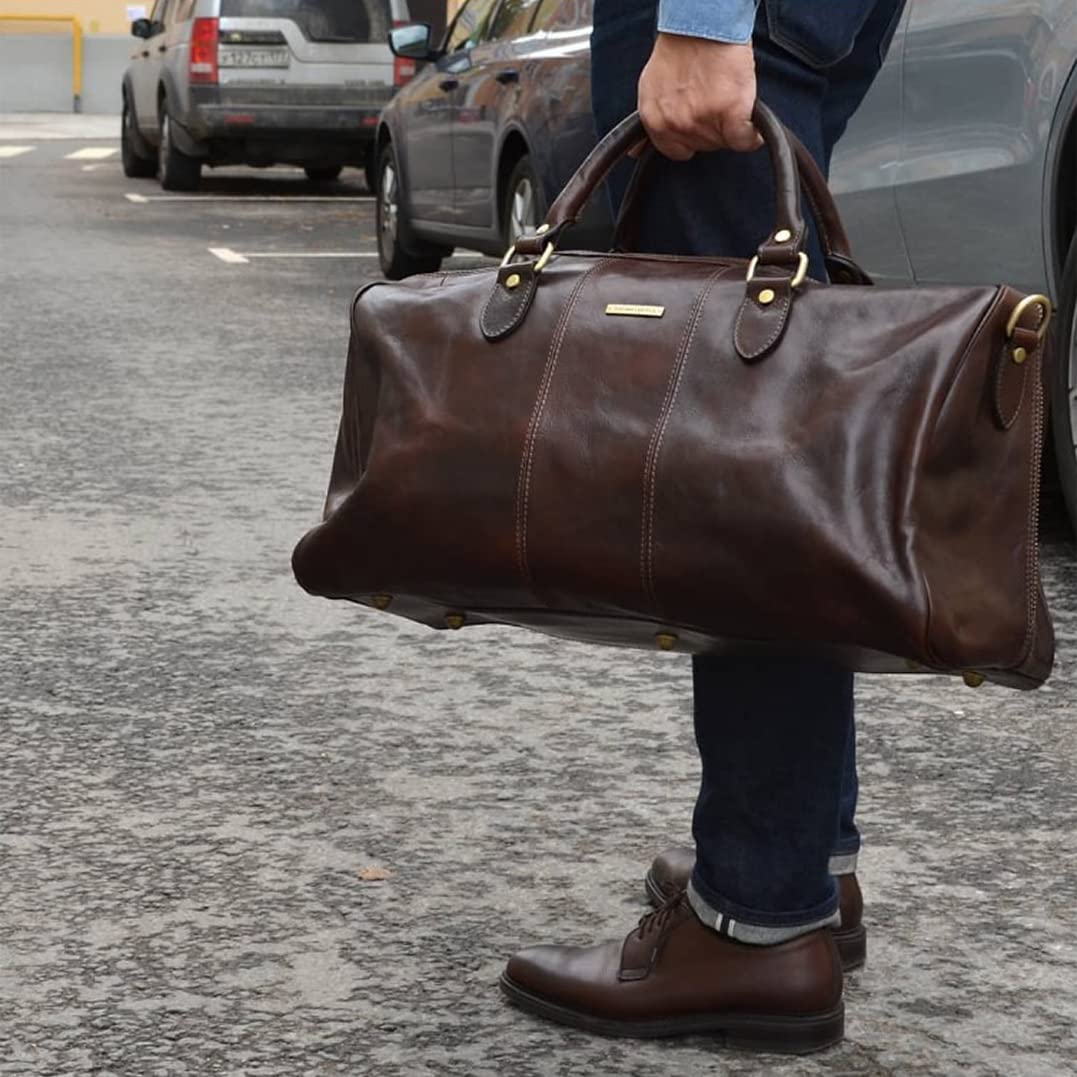 Premium Tuscany Leather Lisbona Travel Duffle Bag - Large Size Carry-On Luggage - TL141657 (Black) - Perfect for Business Trips, Weekend Getaways & Gym Use
