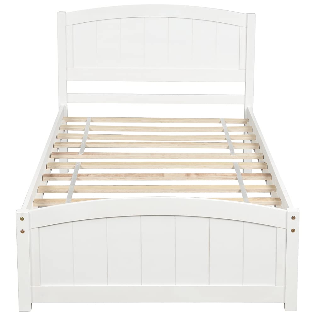 Twin Size Wood Platform Bed Frame with Headboard & Footboard - Sturdy Wood Slat Support, White - Perfect for Kids' Rooms, Guest Bedrooms & Small Spaces