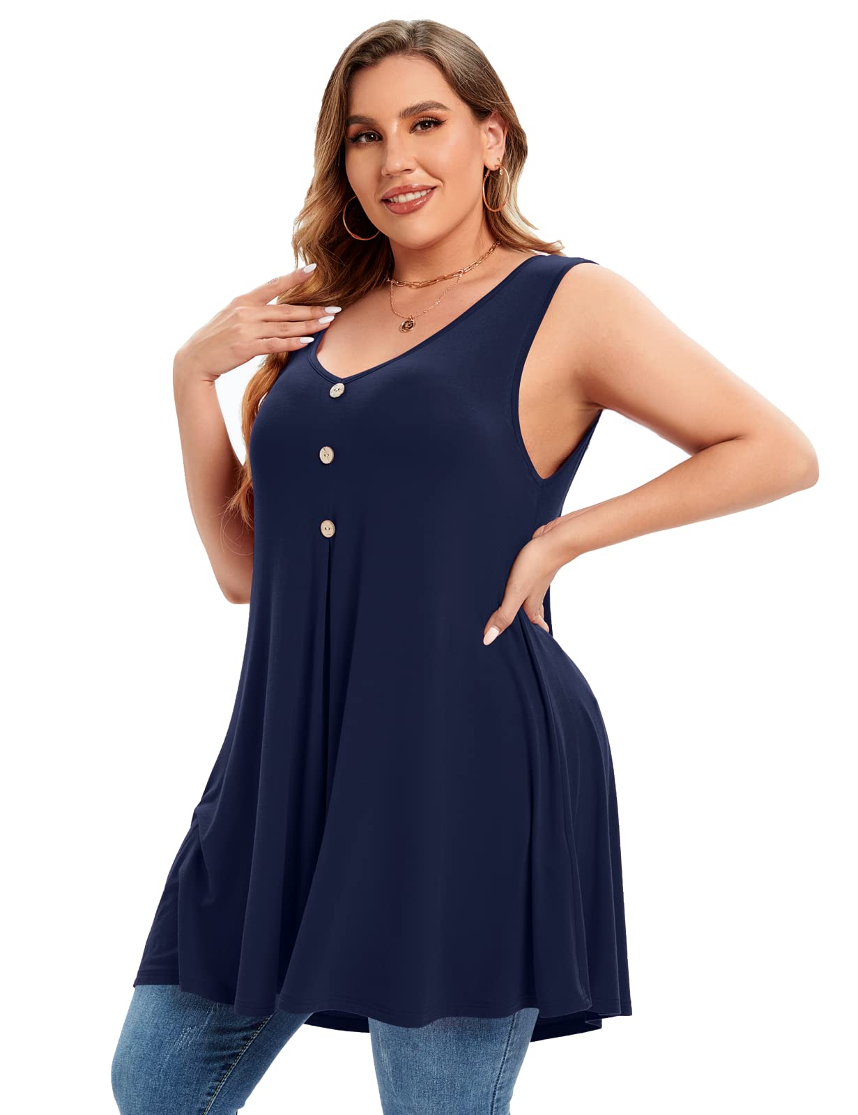 Plus Size Women's V-Neck Button Down Tank Top - Flowy Sleeveless Summer Tunic Shirt for Casual Wear, Beach Outfits & Vacation Essentials