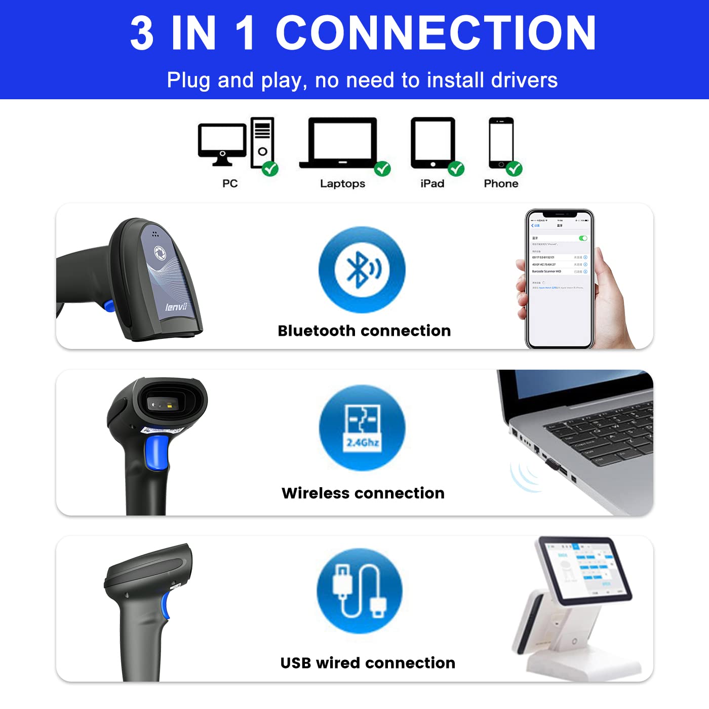Wireless 2D Bluetooth Barcode Scanner - CW300 Handheld QR Code & 1D Barcode Reader for Retail Stores, Supermarkets & Warehouses | Ideal for Inventory Management, POS Systems & Mobile Scanning