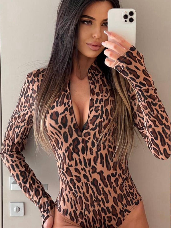 ZASUWA Women's Sexy Leopard Print Bodysuit with Zipper - Perfect for Date Night, Club Wear, and Lingerie Fashion
