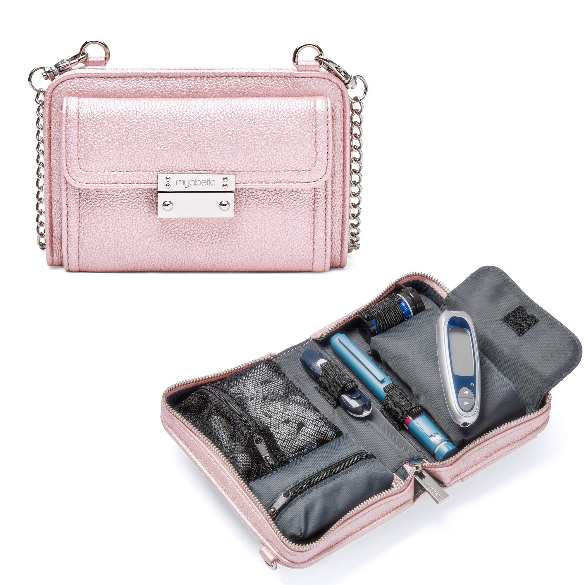 Myabetic Tina Diabetes Mini Crossbody Bag for Glucose Meter, Test Strips, Insulin Pen & Vial - Organizer for Keys, Credit Cards & Essentials (Pink Frost) - Perfect for Daily Use, Travel & Medical Needs
