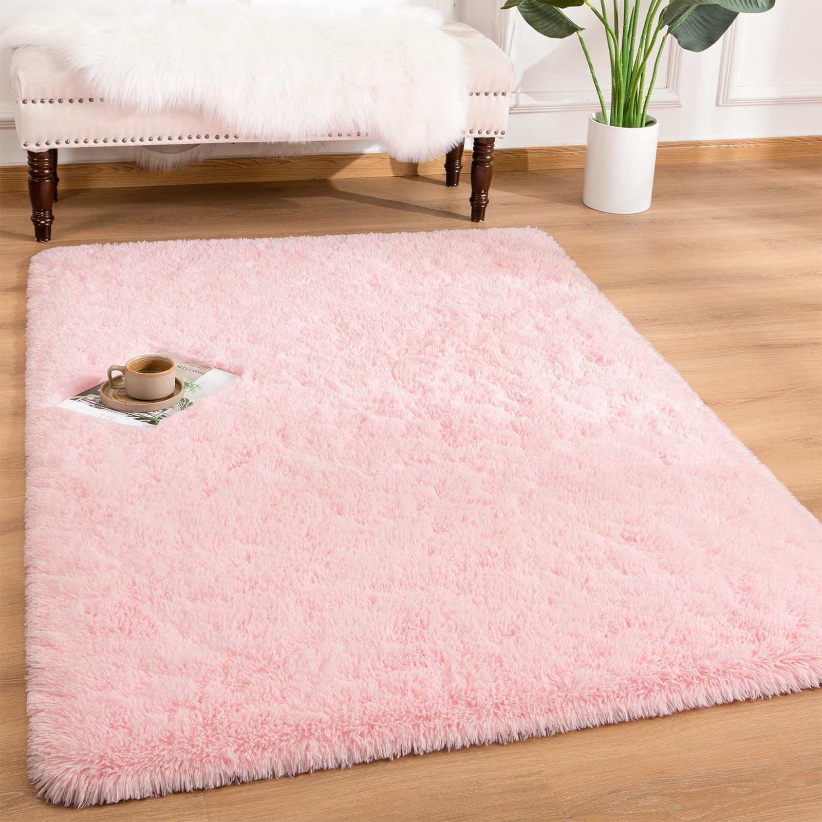 Andecor Soft Fluffy Shaggy Plush Area Rug - 4x6 Feet Non-Slip Indoor Bedroom Rug for Kids, Boys, Girls, Baby Nursery, College Dorm & Living Room - Cozy Home Decor Floor Carpet in Pink - Perfect for Playrooms, Bedside & Cozy Spaces