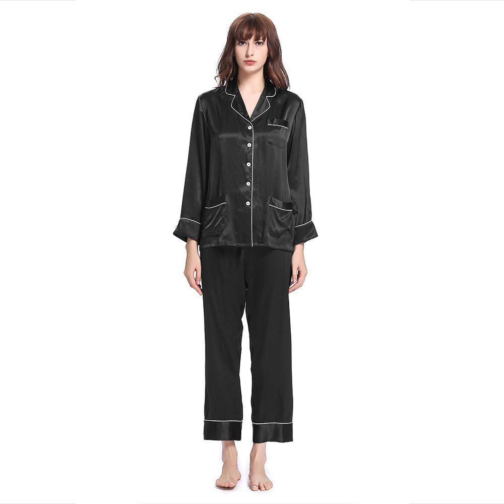 LilySilk Women's Long Sleeve Silk Pajama Set - V-Neck Notched Collar with White Trim - Luxurious Sleepwear for Women - Perfect for Nighttime Comfort, Lounging & Gift Giving