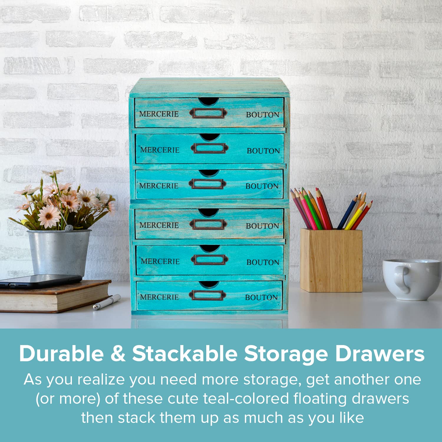 Turquoise 3-Tier Wooden Drawer Organizer - 9.7x7x7.5