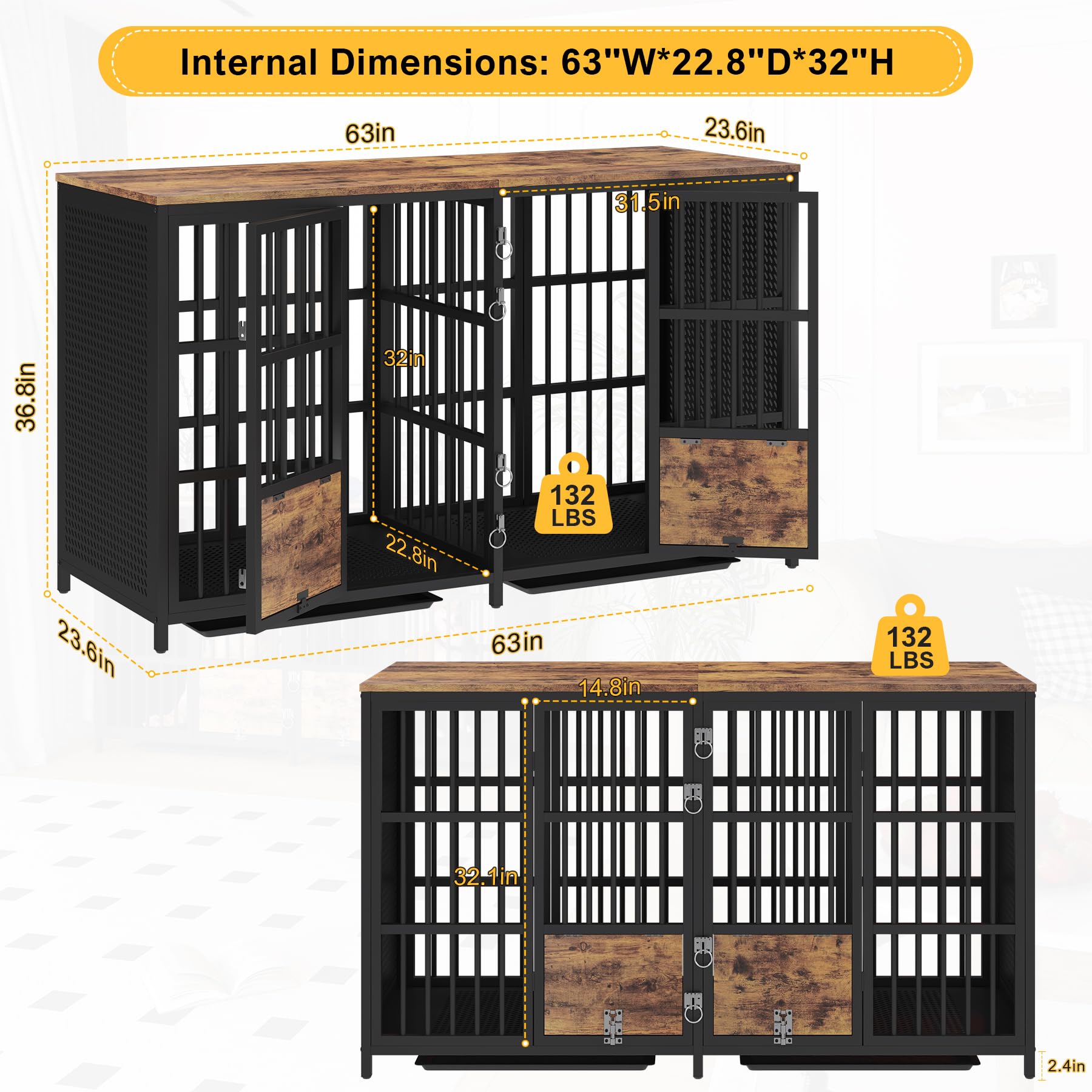 BOINN 63 Inch Large Dog Crate Furniture - Heavy Duty Double Dog Kennel with Divider & Removable Trays for Medium to Large Dogs | Perfect for Living Room, Bedroom or Office Pet Containment