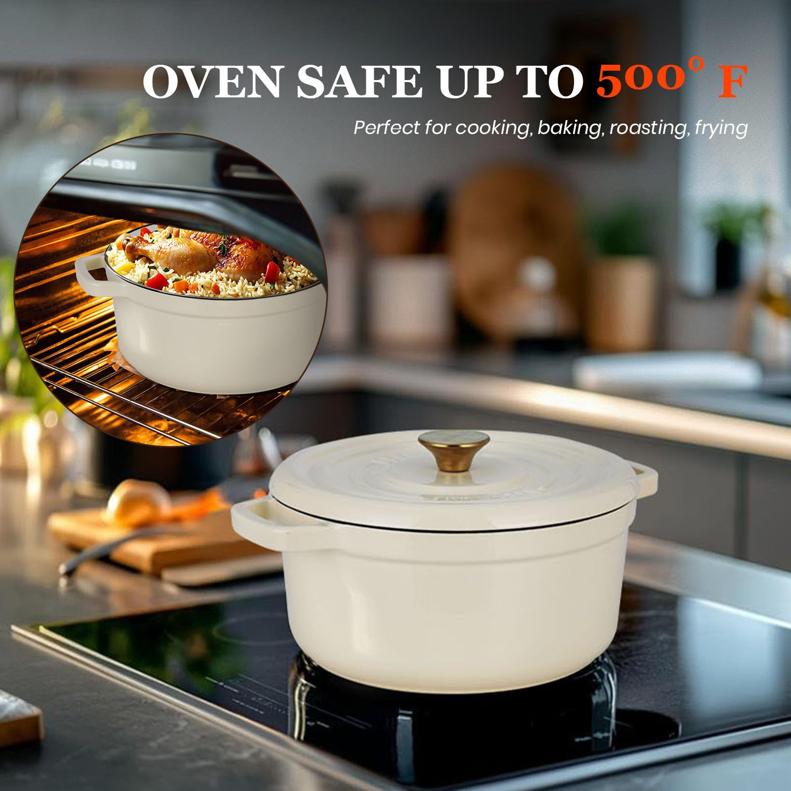 Overmont 5QT Enameled Cast Iron Dutch Oven with Lid - Heavy Duty Cookware for Braising, Stews, Roasting & Bread Baking - Includes Free Cookbook & Cotton Potholders - Perfect for Home Cooking, Camping & Outdoor Use (White)