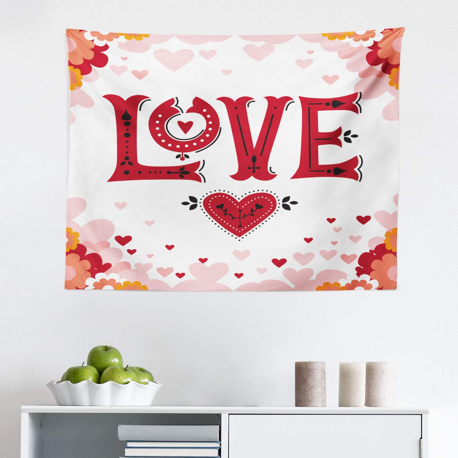 Ambesonne Vintage Valentine Tapestry - Romantic Love Typography with Pastel Hearts & Flowers Wall Art | 28x23 Inch Fabric Wall Hanging Decor for Bedroom, Living Room, Dorm | Perfect for Valentine's Day, Anniversary Gifts & Boho Home Decor