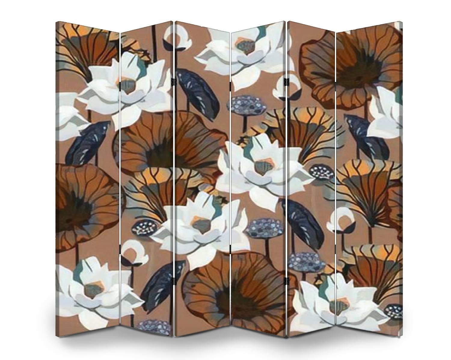 Brown Wooden Room Divider with Lotus Flowers - 6-Panel Folding Privacy Screen for Home & Office - Dual-Sided White Floral & Dark Leaf Design - Perfect for Indoor Spaces, Bedroom Partition, and Decorative Display