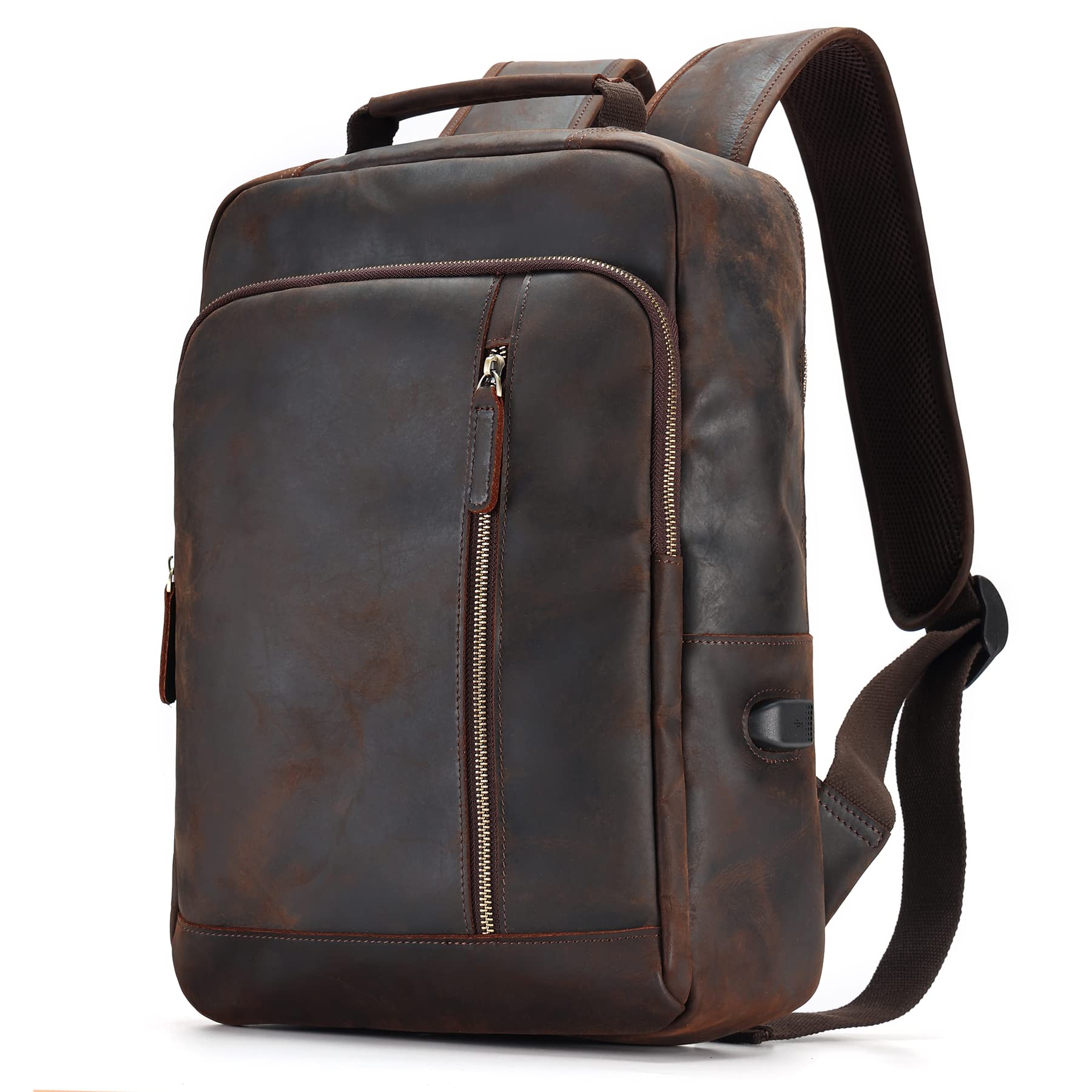 Fnionvn Vintage Genuine Leather Backpack for Men - 15.6 Inch Laptop Bag, Large Capacity Travel Backpack, Crazy Horse Leather, Dark Brown - Perfect for Work, College & Business Trips
