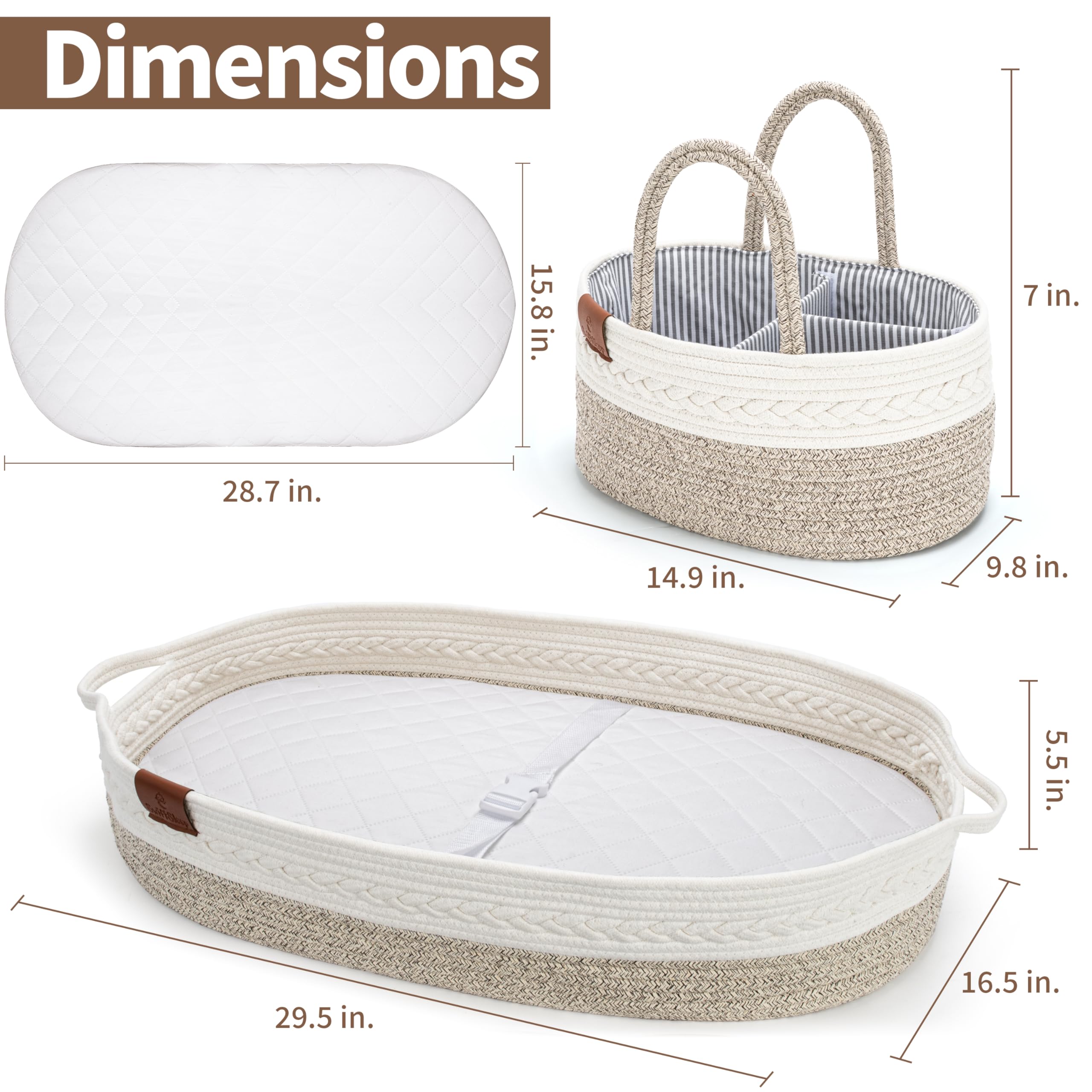 Organic Cotton Baby Changing Basket with Changing Pad – Portable Diaper Caddy for Nursery Dresser | Grey Moses Basket for Newborns | Perfect for Bedroom, Nursery & Travel Baby Care Essentials