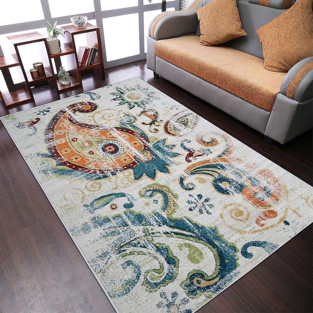Heatset Polypropylene Machine Made Area Rug 5'x8' Rectangle - Ivory Floral Modern Design Medium Pile for Living Room & Bedroom | Durable & Soft Indoor Carpet for Home Decor (M00048)
