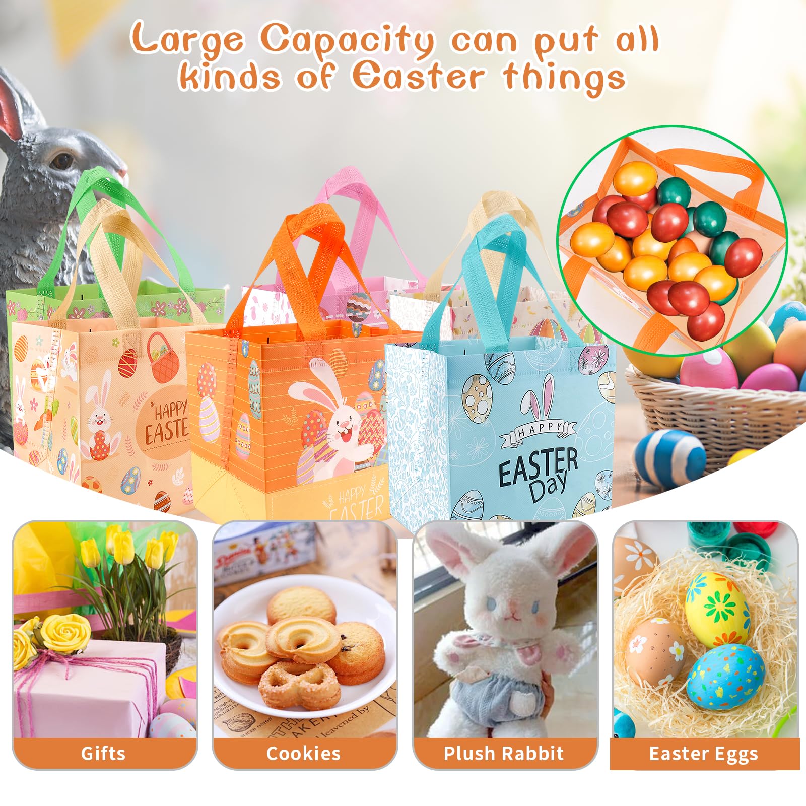 6PCS Easter Egg Hunt Bags with Handles - Bunny Carrot Chick Themed Easter Treat Bags, Reusable Non-Woven Gift Bags for Easter Party Supplies, Egg Hunt Games & Gift Wrapping - Perfect for Easter Celebrations, Classroom Activities & Spring Festivals