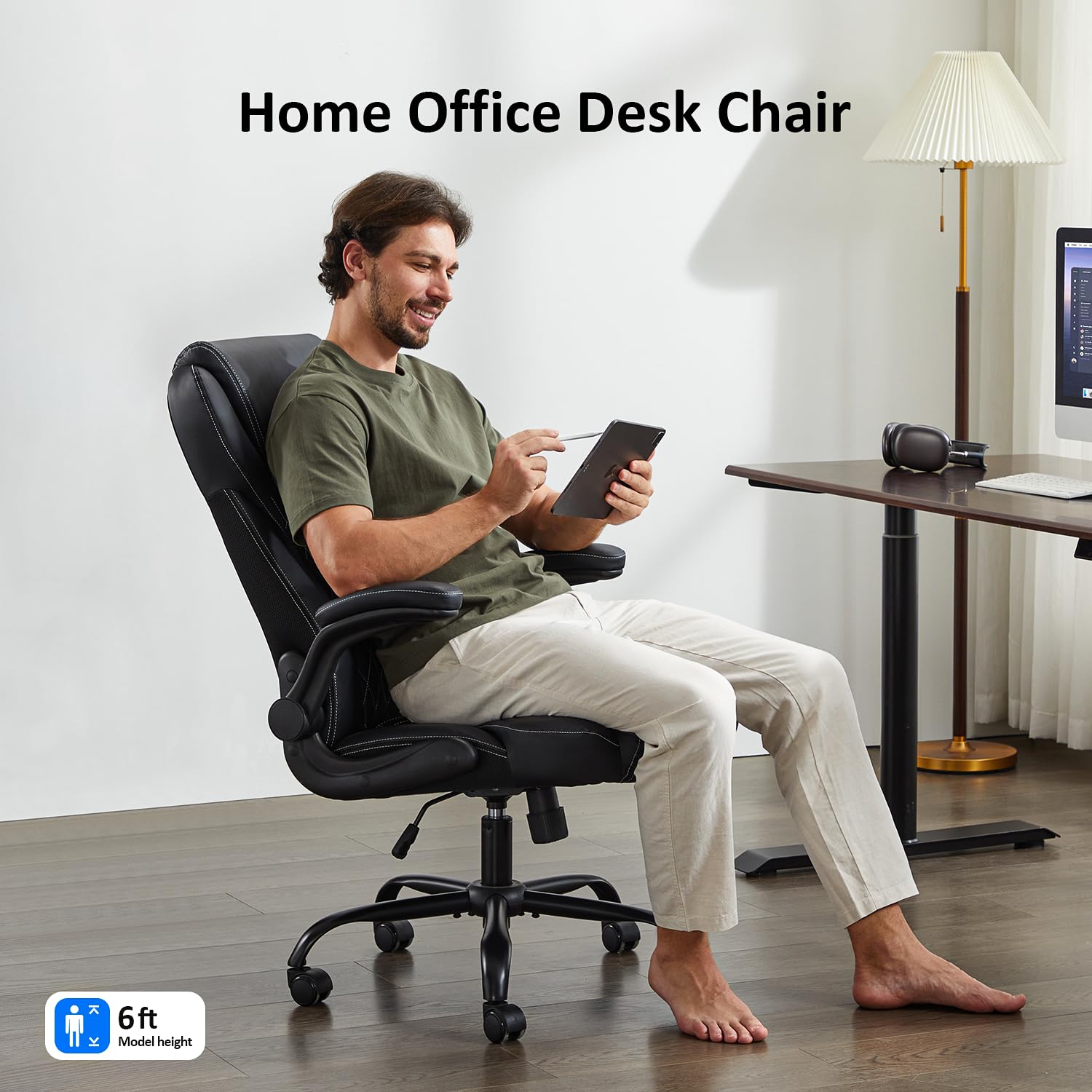 Premium Ergonomic Office Chair - Executive Leather Desk Chair with Adjustable Flip-Up Arms, Lumbar Support & Rocking Function - Ideal for Home Office, Gaming & Workspace (White)