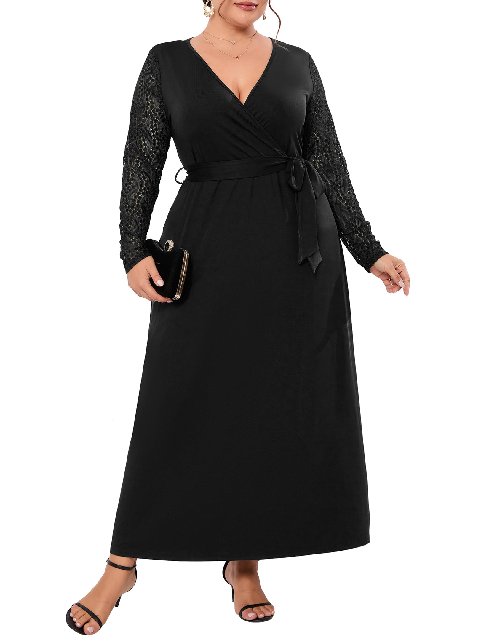 **ShopWonder Plus Size Summer Wrap Dress for Women - V Neck Lace Formal Maxi Dress for Wedding Guest, Beach Party & Special Occasions**