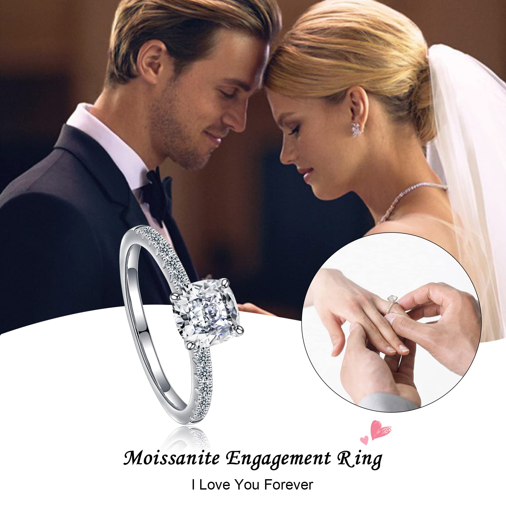 1.5ct Cushion Cut Moissanite Engagement Ring for Women - D Color VVS1 Clarity Lab Created Diamond Alternative - 18K White Gold Plated 925 Sterling Silver Wedding Band with Side Stones - Perfect for Proposals, Anniversaries & Special Occasions