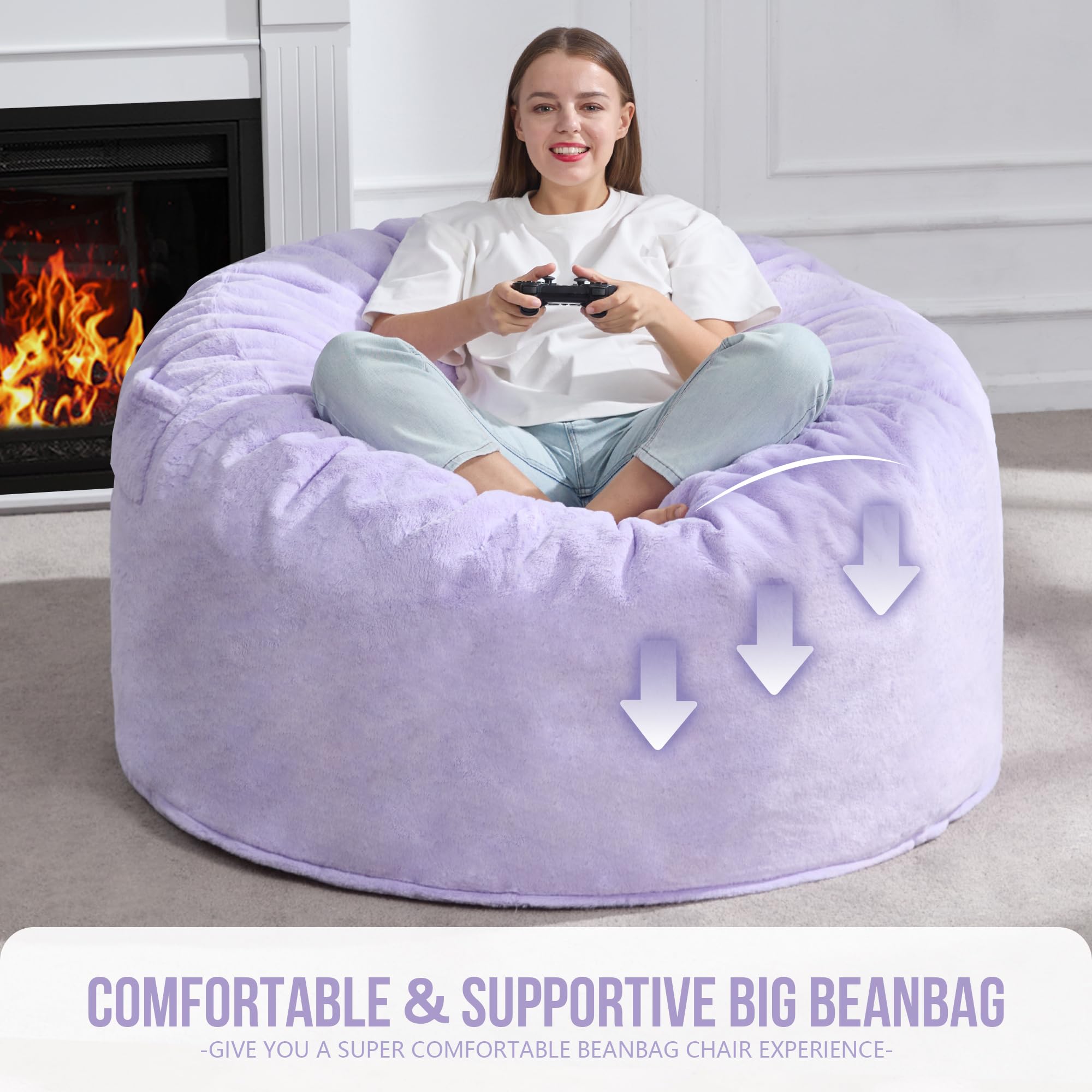 Hobestluk 4ft Large Bean Bag Chair for Adults - Plush Faux Fur Cover, Oversized Lounger for Living Room, Bedroom, Dorm & Office - Purple (44”x44”x24”) - Perfect for Relaxing, Gaming & Movie Nights
