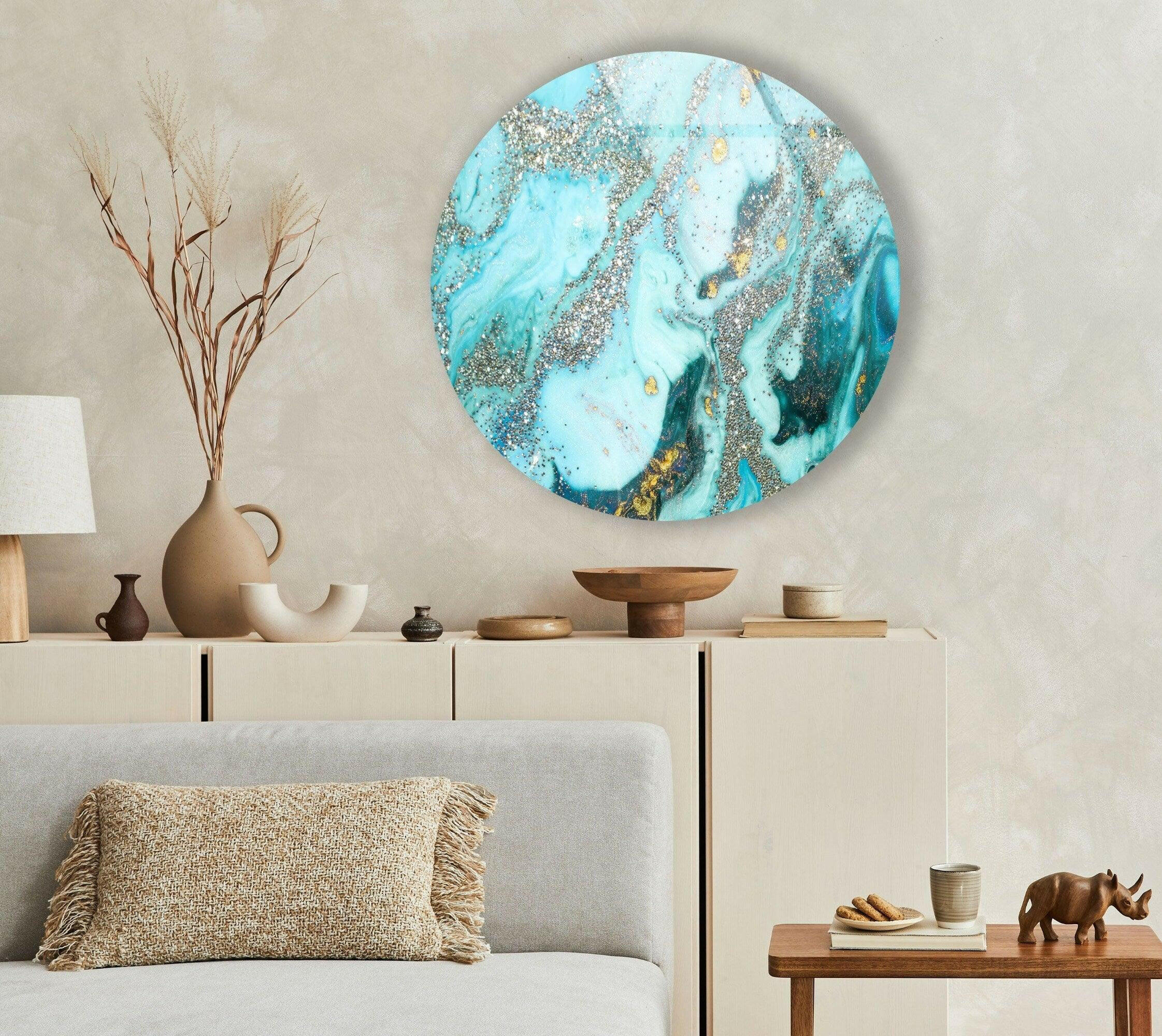 Blue Marble with Silver Details Round Glass Wall Art - Elegant Home Decor for Living Room, Bedroom & Office | Modern Abstract Wall Hangings