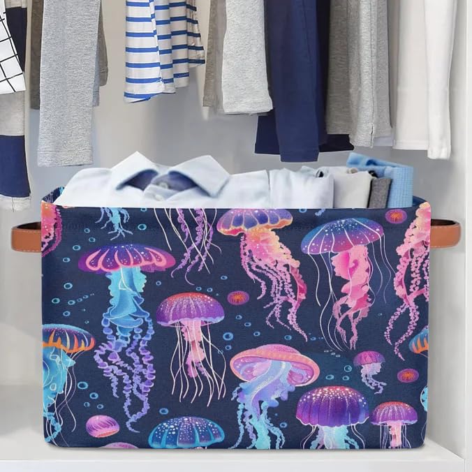 Large Purple Jellyfish Storage Baskets - 2 Pack Fabric Closet Organizers with Handles, Collapsible Decorative Bins for Shelves | Perfect for Home Organization, Clothes & Toy Storage in Bedroom, Nursery or Playroom