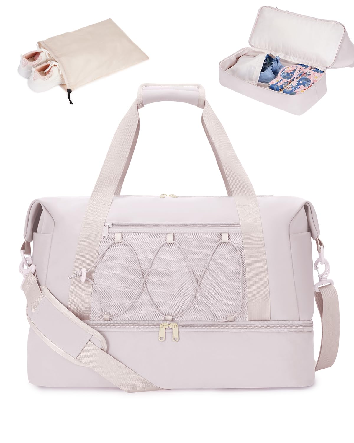 Sportsnew Women's Large Gym Travel Duffel Bag with Shoe Compartment & Wet Pocket - Water Resistant Weekender Overnight Carry On Sports Tote - Beige (Patent Pending) - Perfect for Gym, Travel, Sports & Weekend Getaways