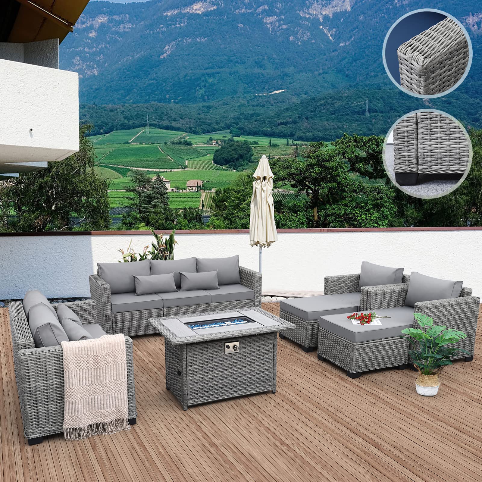 Rattan 7-Piece Outdoor Patio Furniture Set with 45-inch Fire Pit Table - 60000 BTU Propane Fire Pit, Waterproof Cushions & Covers, Light Grey - Perfect for Backyard, Garden, Poolside & Patio Relaxation