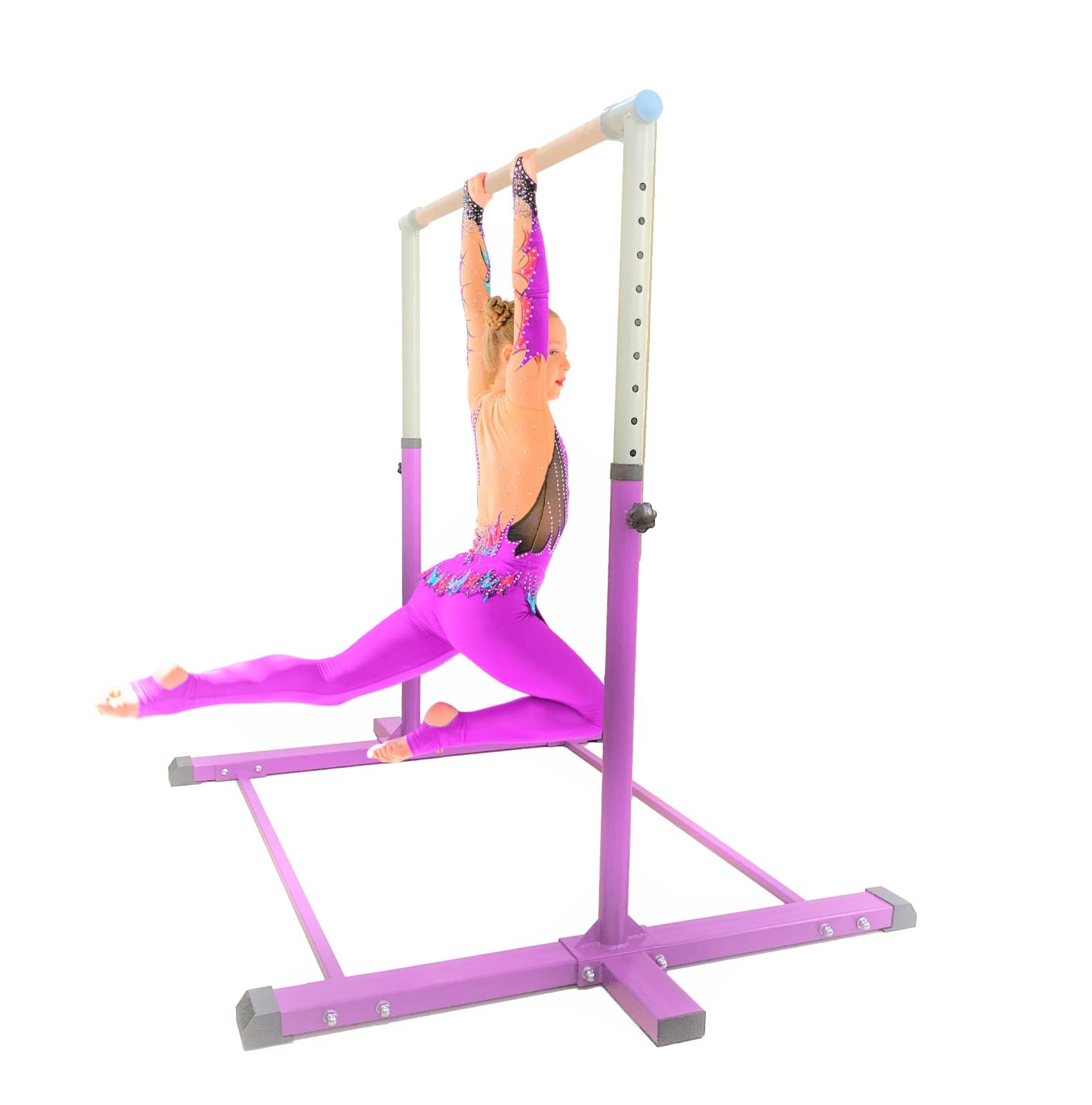 Adjustable Kids Gymnastics Bar - Professional Training Horizontal Bar for Junior Gymnasts (3-5FT Height, Purple Cushioned) | Perfect for Home Practice, Backyard Training & Gymnastics Skill Development