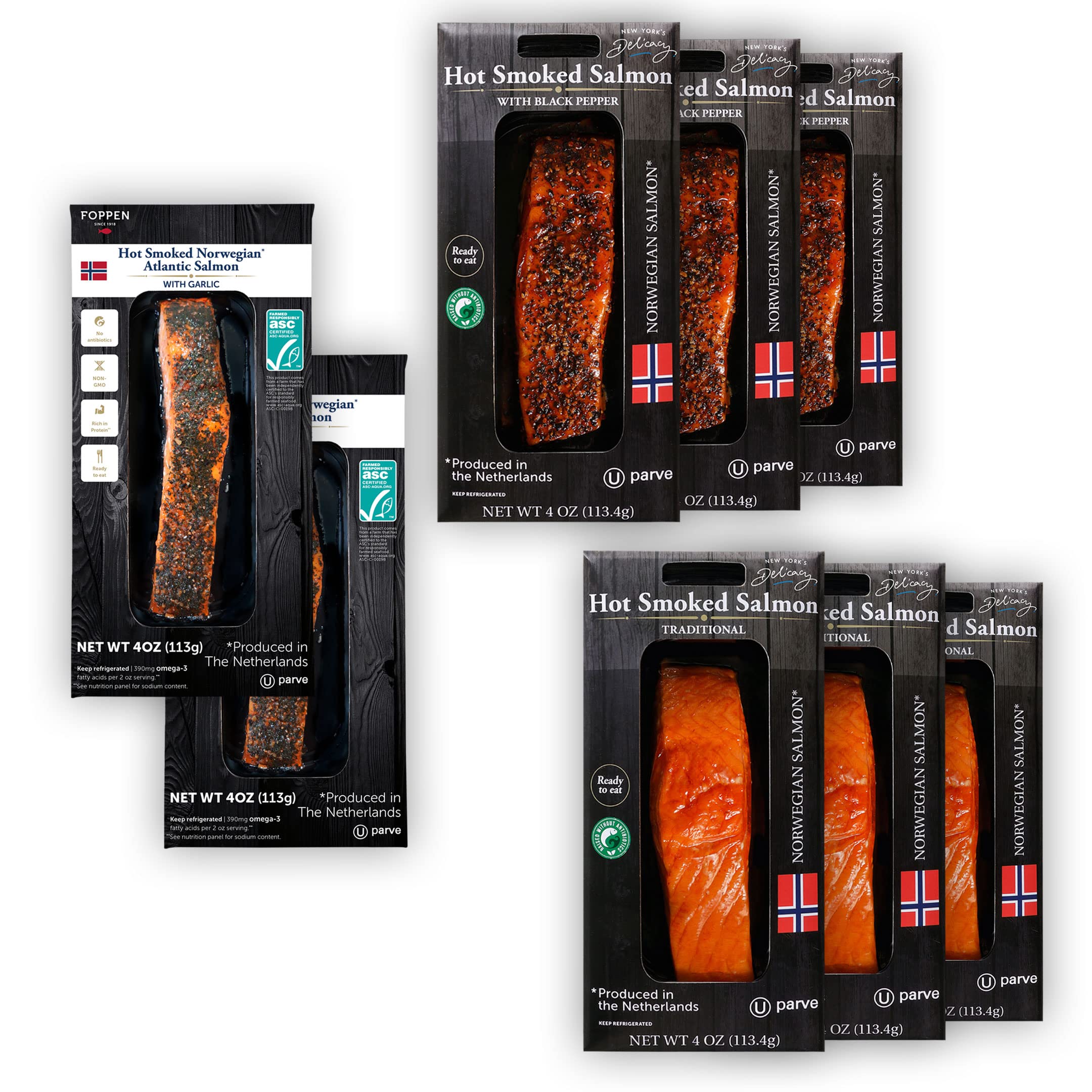 Premium Hot Smoked Norwegian Salmon Combo - 8 x 4oz (2lb) Pack with 3 Traditional, 3 Black Pepper & 2 Garlic Flavors | Kosher OU Certified, Gluten Free, Rich in Omega 3 | Ready-to-Eat Gourmet Seafood for Parties, Charcuterie Boards & Healthy Snacking