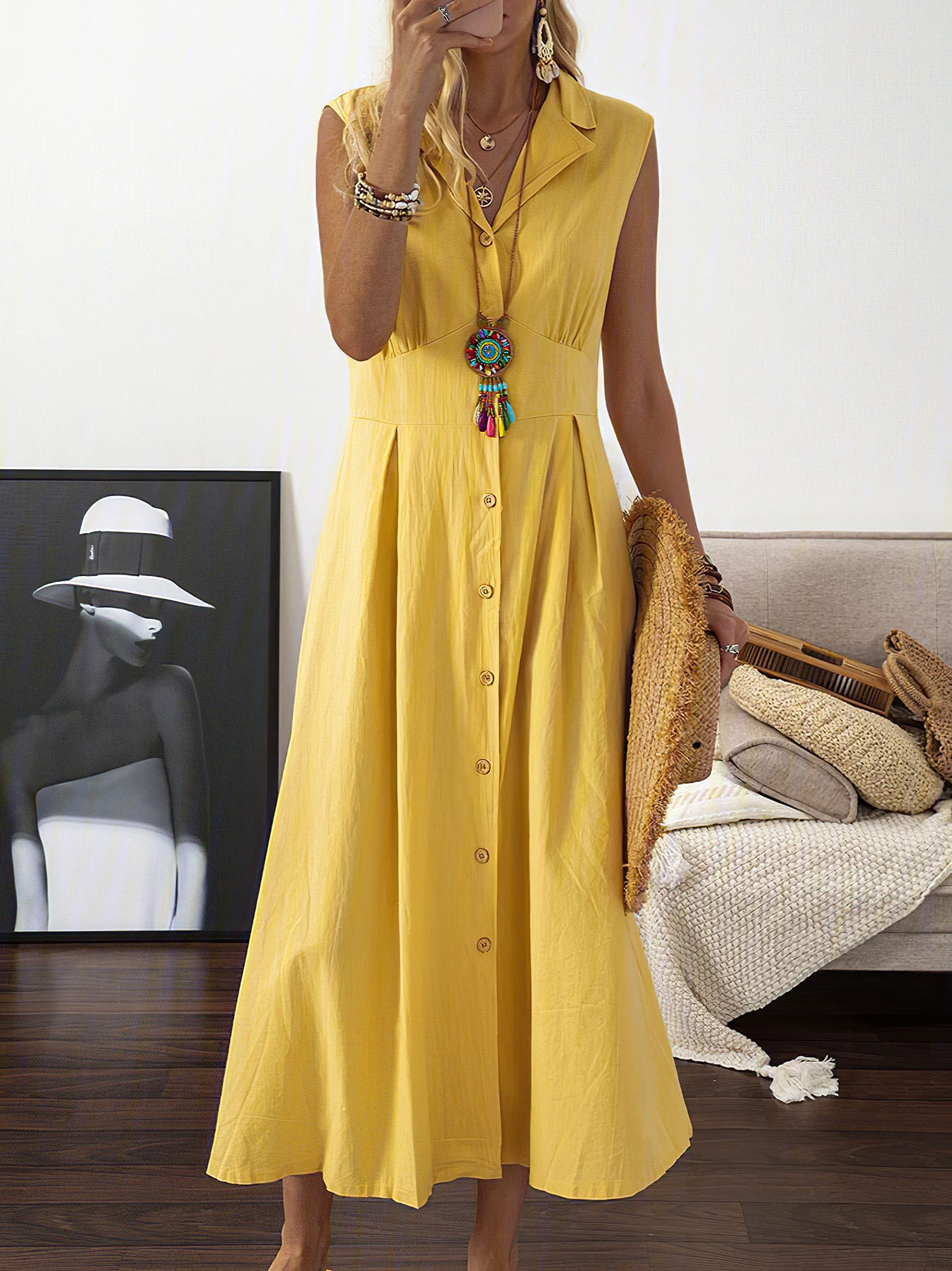 Vintage Women's Button Down Cotton Shirt Dress - V Neck Sleeveless A-Line Midi Dress for Casual Wear, Office, Summer Outfits & Beach Cover Up