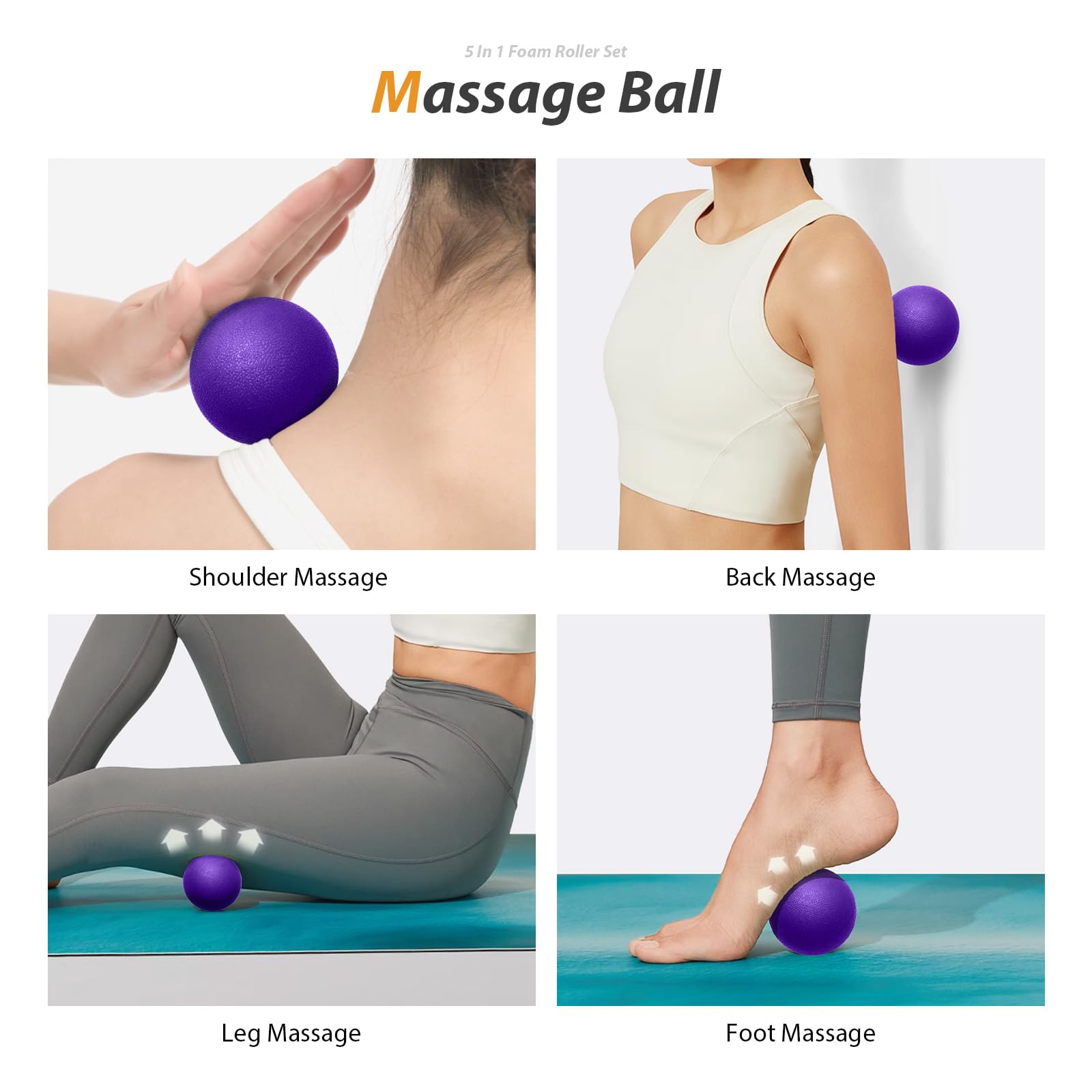 5-in-1 Foam Roller Set for Deep Tissue Massage & Muscle Recovery - Trigger Point Therapy, Exercise Foam Roller, Massage Ball & Stretching Strap - Full Body Workout & Pain Relief (Purple) - Perfect for Gym, Yoga, Physical Therapy & Home Fitness