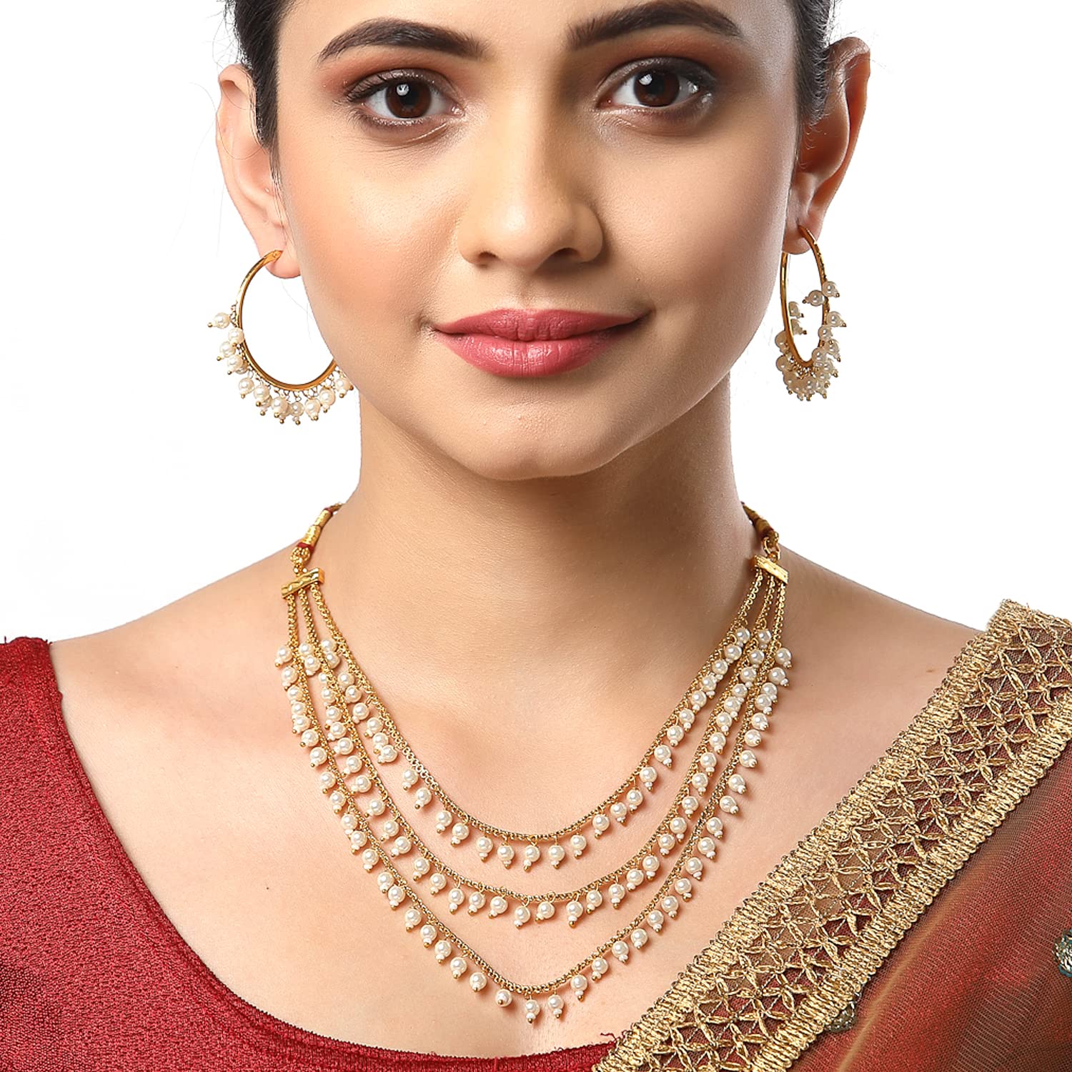 ZENEME 3-Layer Multi-Colored Pearl & Gold Plated Necklace & Earrings Set for Women | Traditional Jewelry Gift for Girls | Perfect for Weddings, Parties & Special Occasions