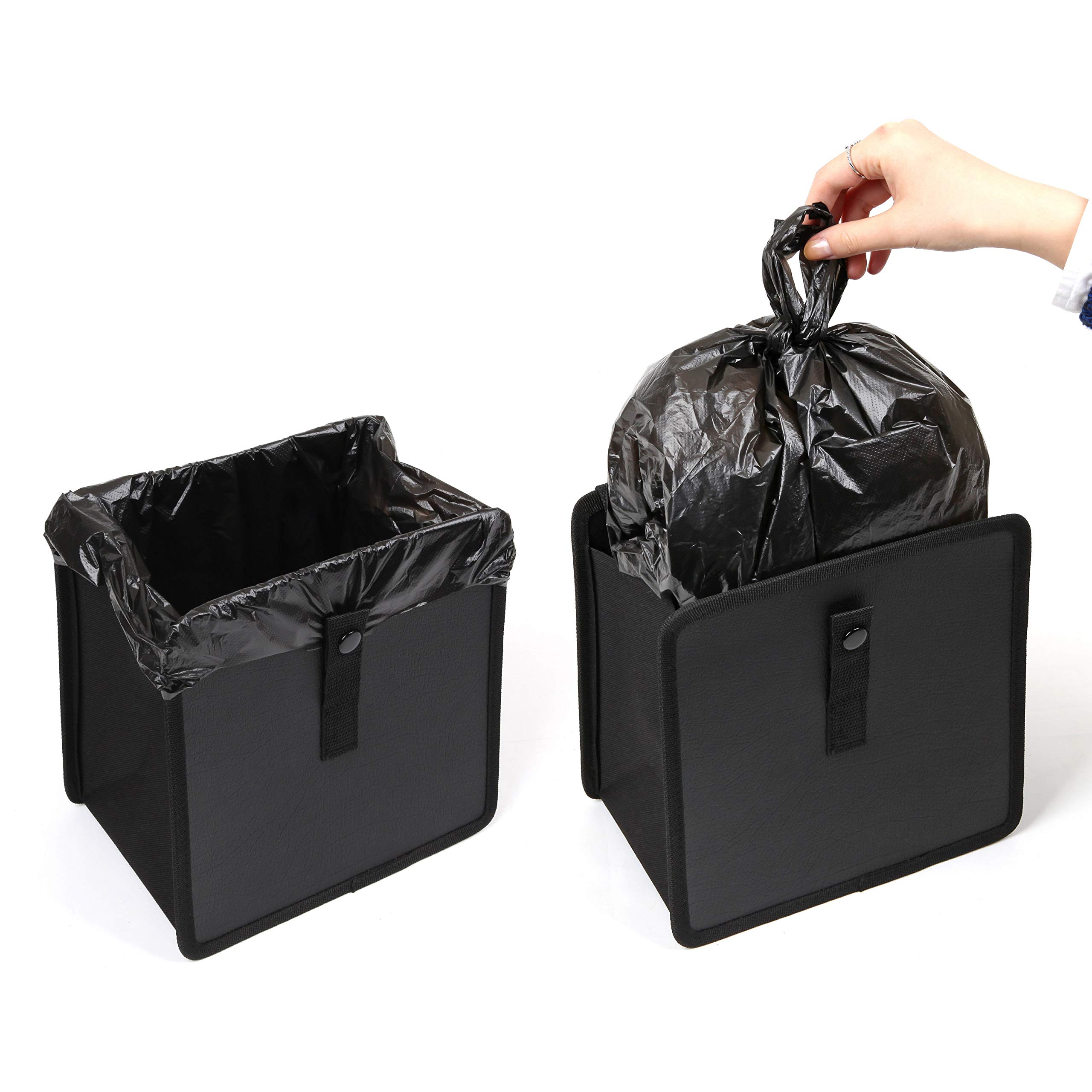 KMMOTORS Collapsible Car Trash Can - Vegan Leather Hanging Car Garbage Bin for Front & Back Seat (Medium, Black) | Perfect for Road Trips, Commuting & Keeping Your Vehicle Clean