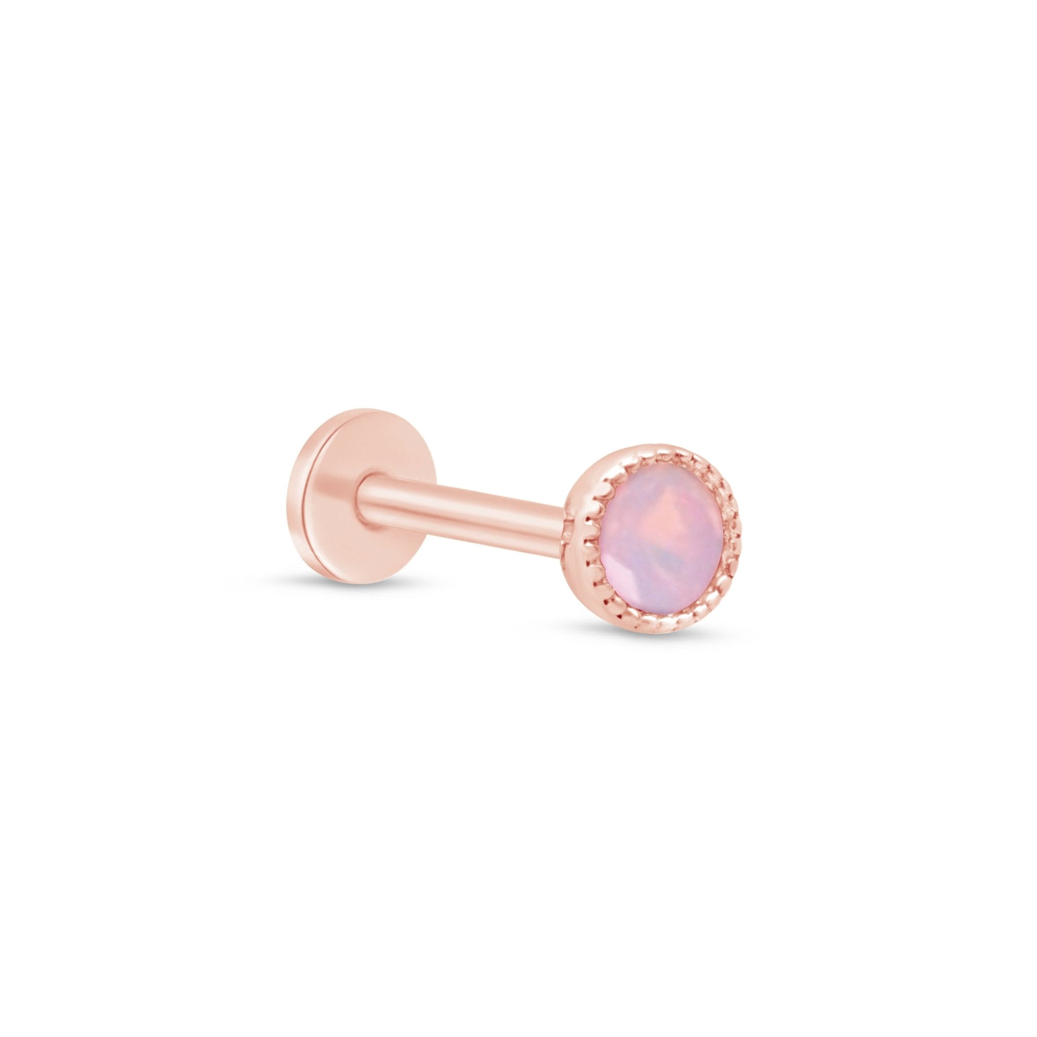 14K Rose Gold Pink Opal Stud Earrings with Milgrain Detail - Dainty Flat Back Earrings for Women, Perfect for Everyday Wear & Special Occasions