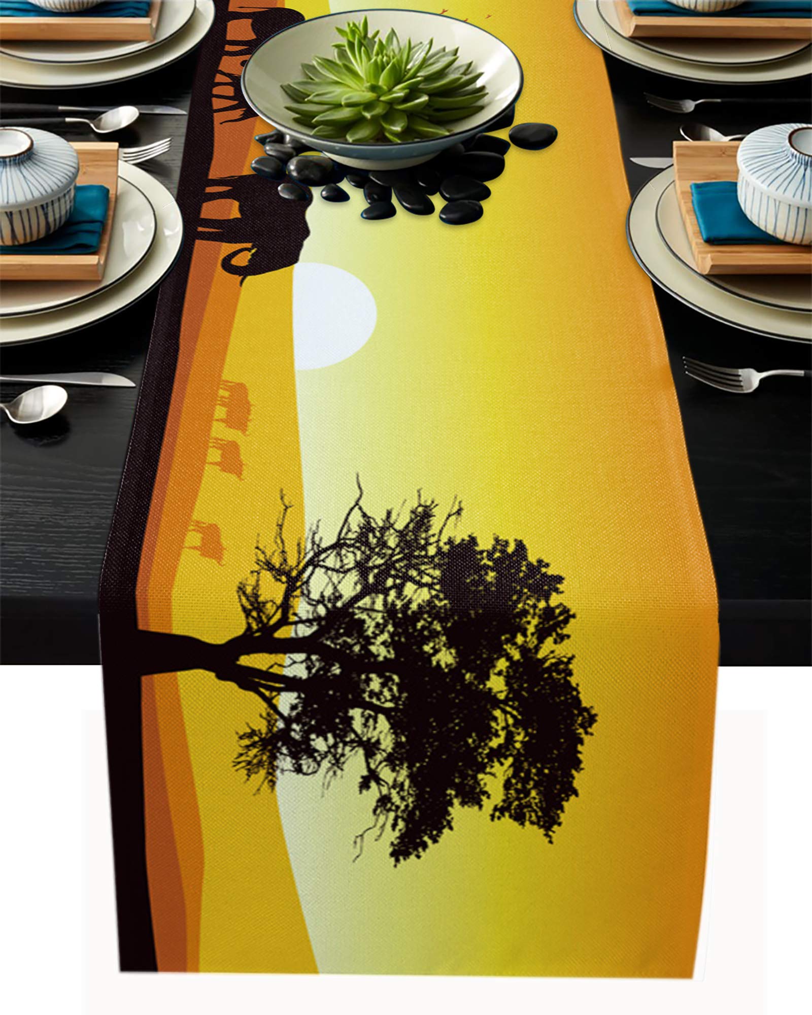 Africa Sunset Burlap Table Runner - 16x72 Inch Linen Dresser Scarf for Dining Room & Coffee Table - Elephant Giraffe Landscape Design - Perfect for Wedding Party Decor & Boho Home Decor