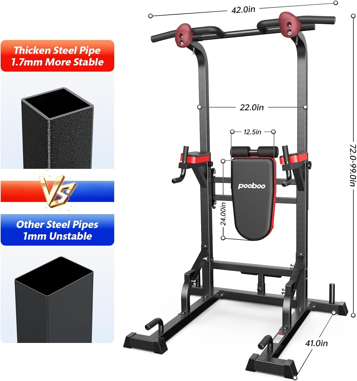 Pooboo Adjustable Power Tower Dip Station - Pull Up Bar Stand for Home Gym, Strength Training Equipment for Full Body Workout - Perfect for CrossFit, Calisthenics & Home Fitness Training