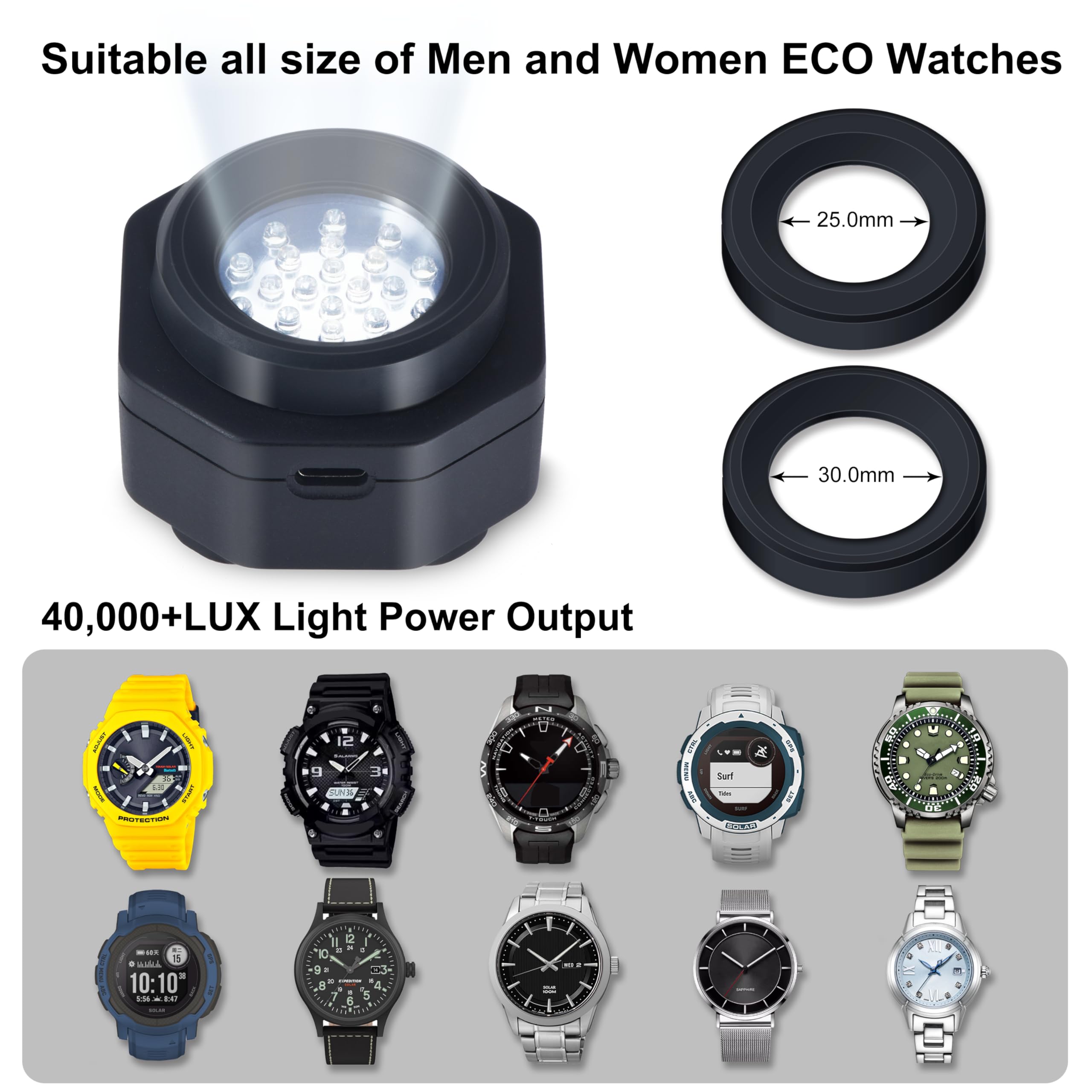 CoolFire - USB-C UV Free Solar Watch Fast Charger for Men | Portable Eco-Friendly Watch Battery Charger | Compatible with All Solar-Powered Watches | Perfect for Travel, Outdoor & Daily Use (White)